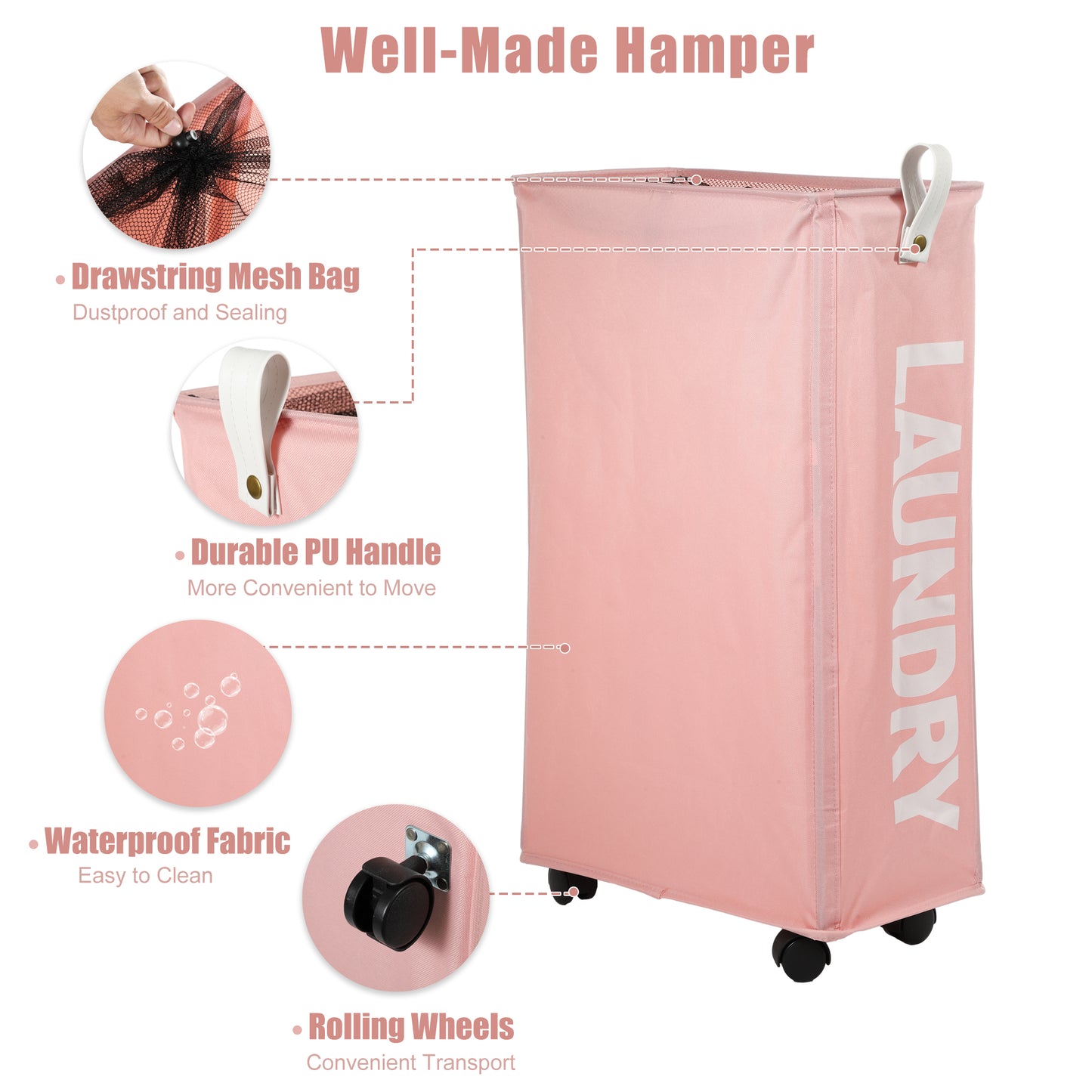 Laundry Basket With Wheels, 27" Slim Tall Rolling Laundry Basket, 55L Pink