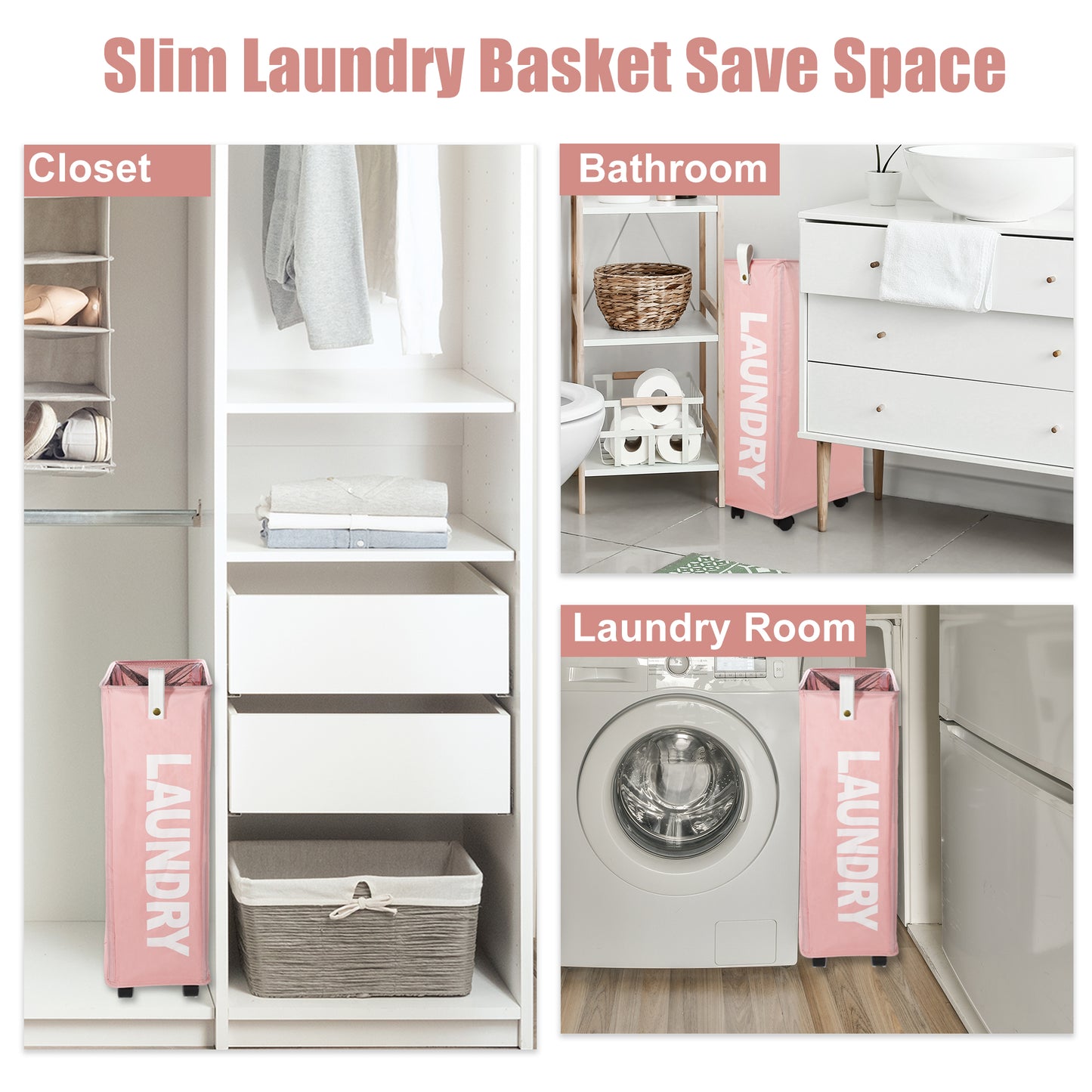 Laundry Basket With Wheels, 27" Slim Tall Rolling Laundry Basket, 55L Pink