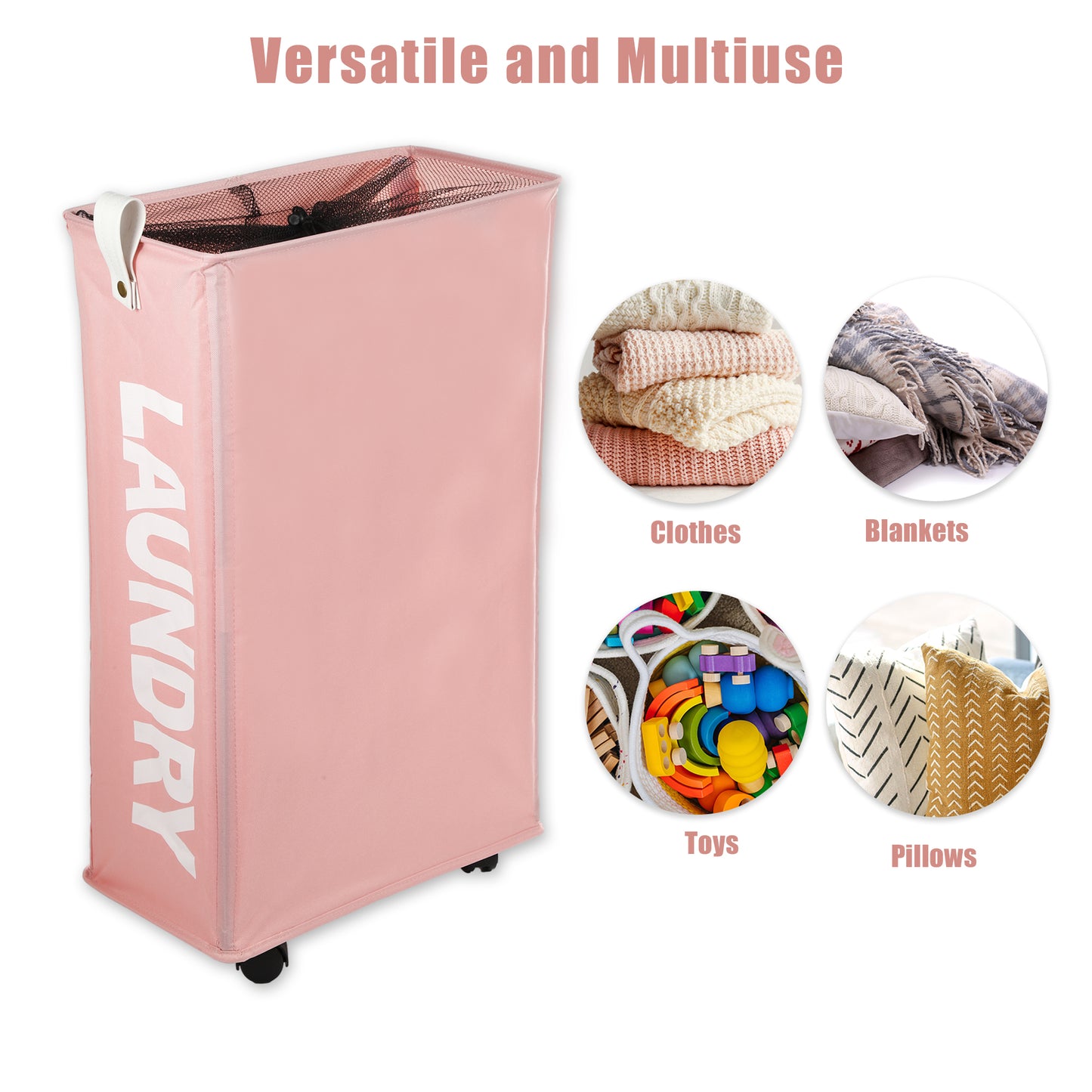 Laundry Basket With Wheels, 27" Slim Tall Rolling Laundry Basket, 55L Pink