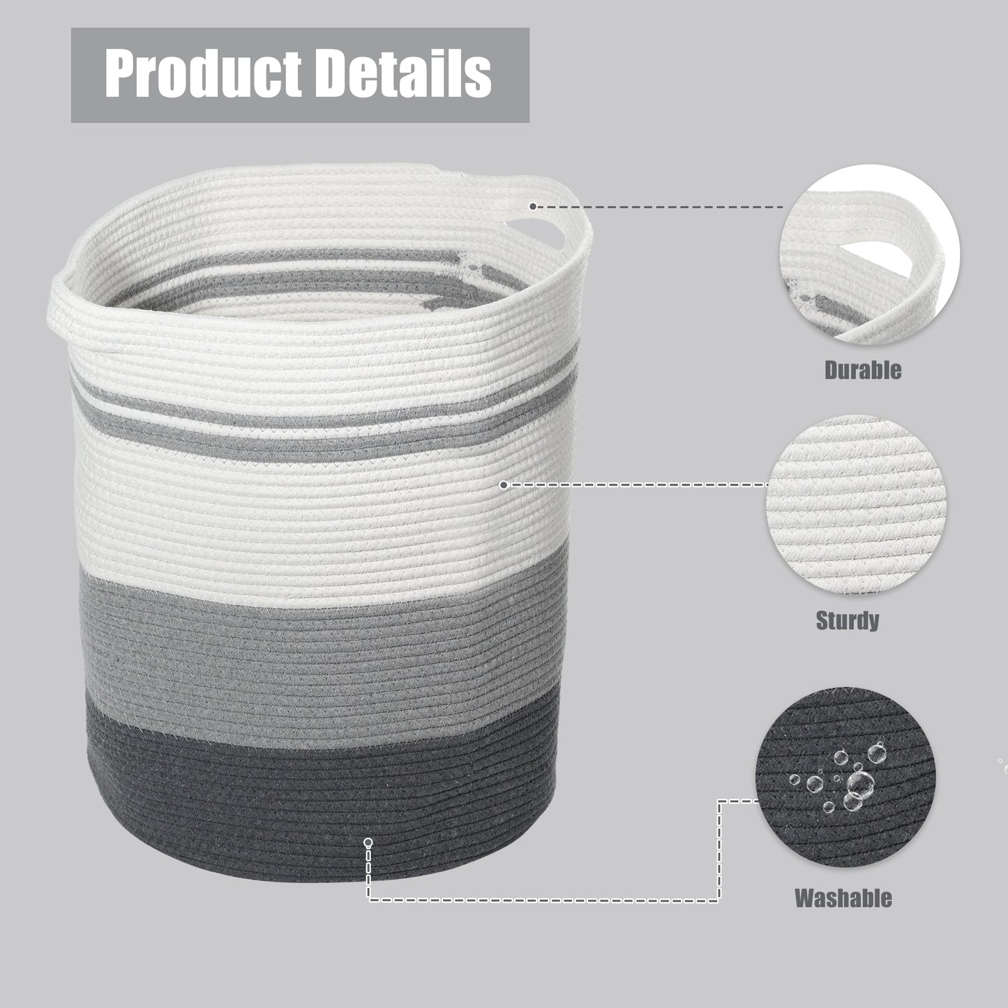 Laundry Basket Hamper, 16"x18" Tall Woven Bohemia Laundry Basket, 56L Gray