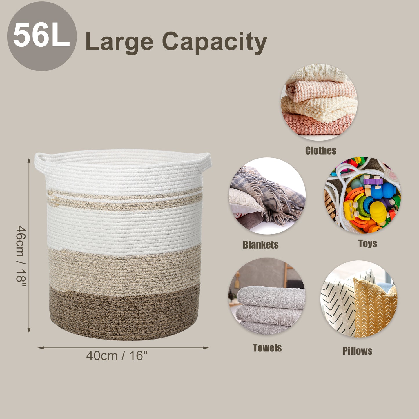 Laundry Basket Hamper, 16"x18" Tall Woven Bohemia Laundry Basket, 56L Coffee Color