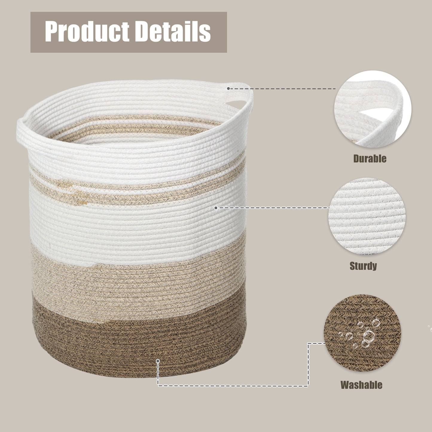 Laundry Basket Hamper, 16"x18" Tall Woven Bohemia Laundry Basket, 56L Coffee Color