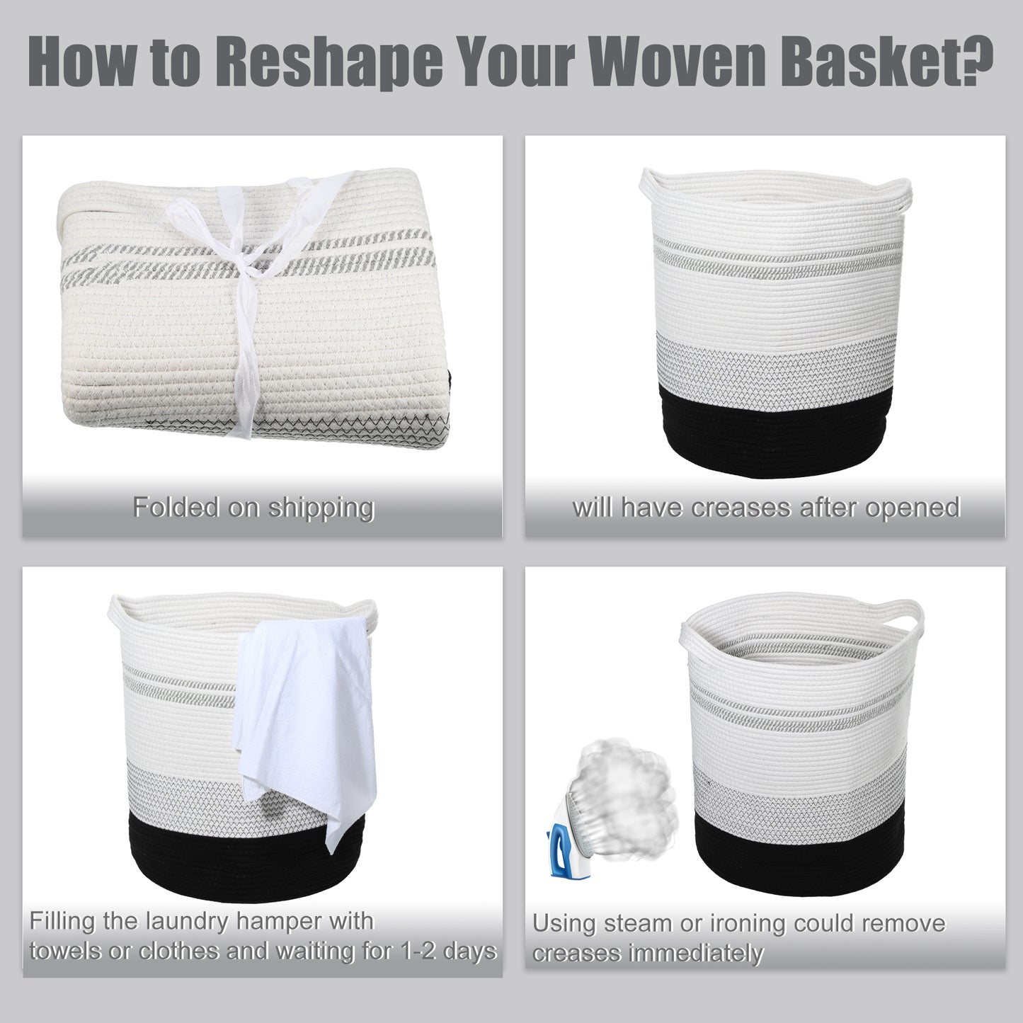 Laundry Basket Hamper, 16"x18" Tall Woven Bohemia Laundry Basket, 56L Black