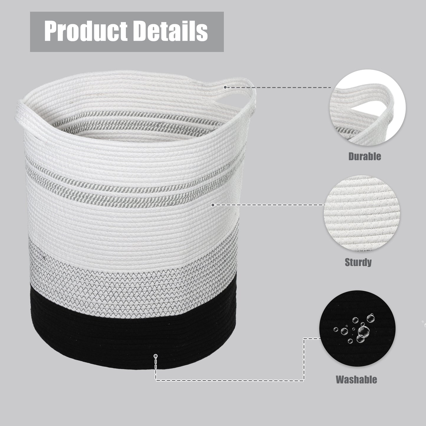 Laundry Basket Hamper, 16"x18" Tall Woven Bohemia Laundry Basket, 56L Black