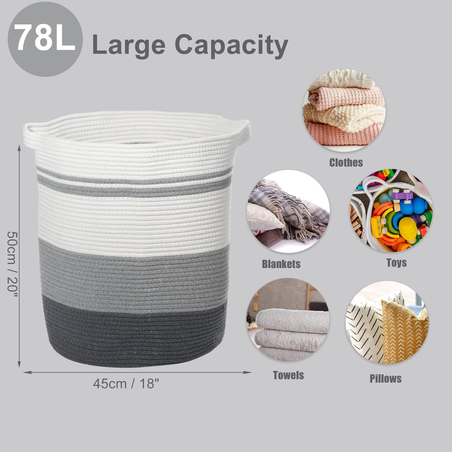 Laundry Basket Hamper, 16"x18" Tall Woven Bohemia Laundry Basket, 78L Gray