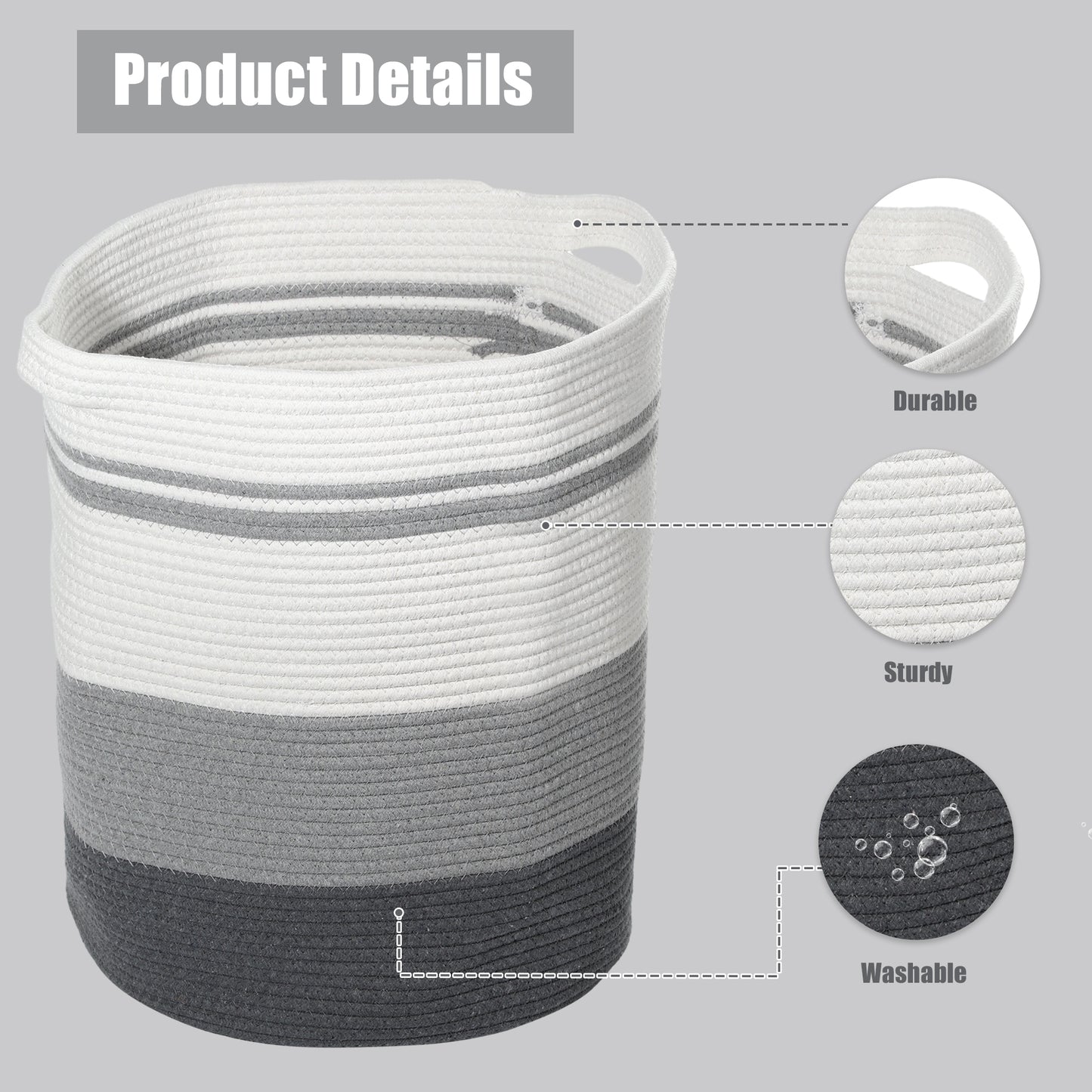 Laundry Basket Hamper, 16"x18" Tall Woven Bohemia Laundry Basket, 78L Gray