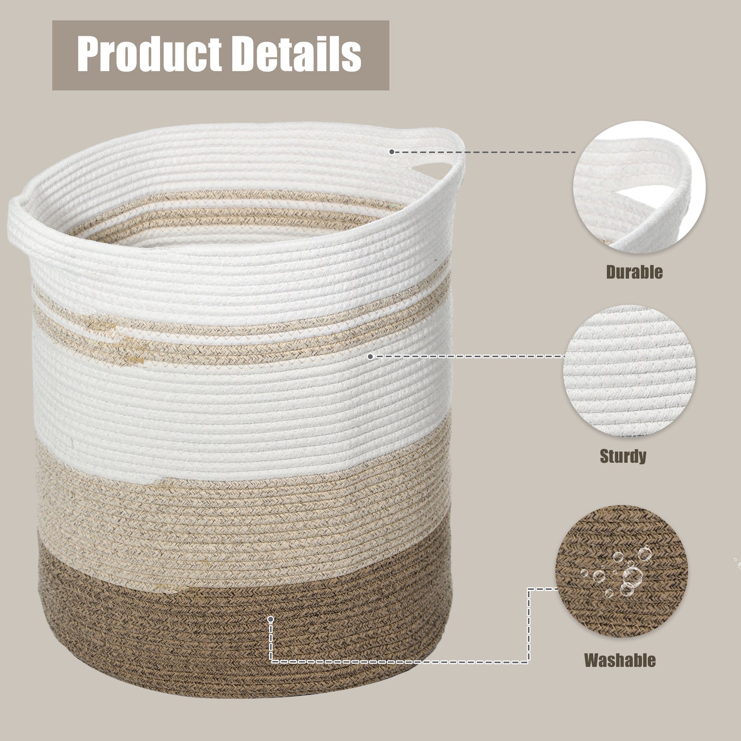 Laundry Basket Hamper, 16"x18" Tall Woven Bohemia Laundry Basket, 78L Coffee Color