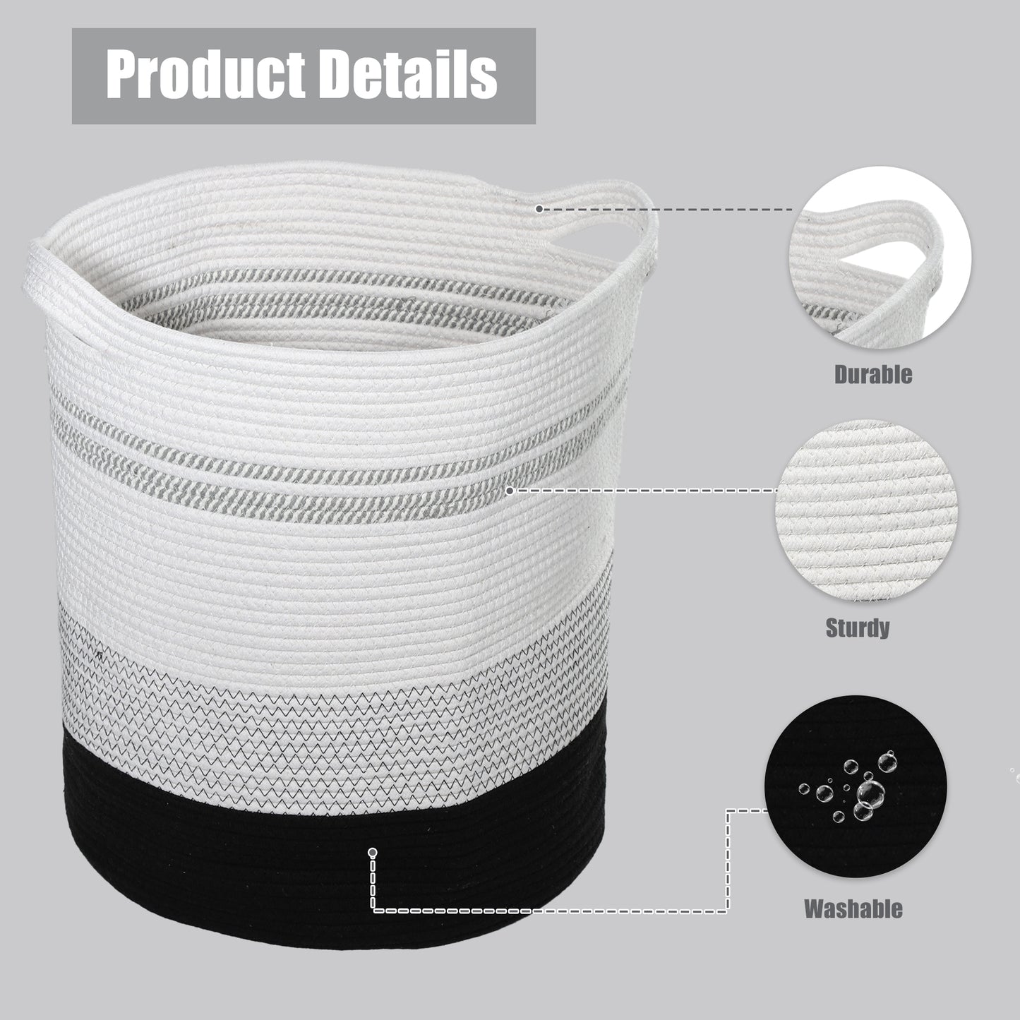 Laundry Basket Hamper, 16"x18" Tall Woven Bohemia Laundry Basket, 78L Black