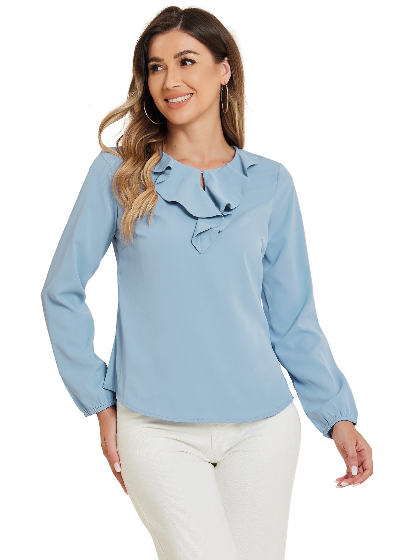 Women's Ruffle Neck Chiffon Top Long Sleeve Casual Office Blouse