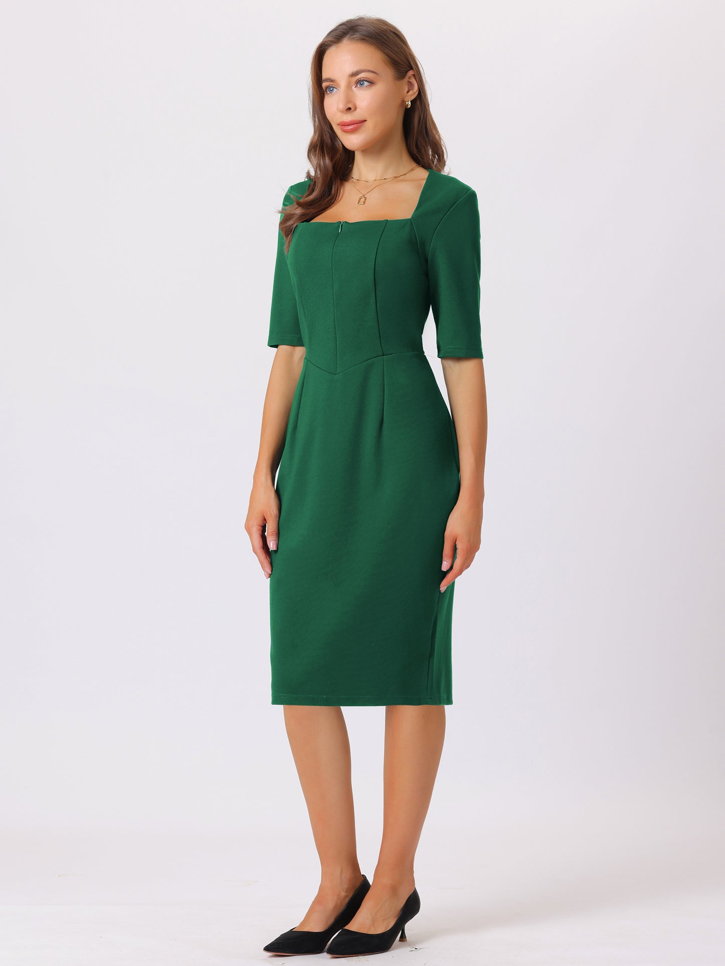 Women's Square Neck Pancil Dress Zip Up Front Elegant Bodycon Sheath Dresses