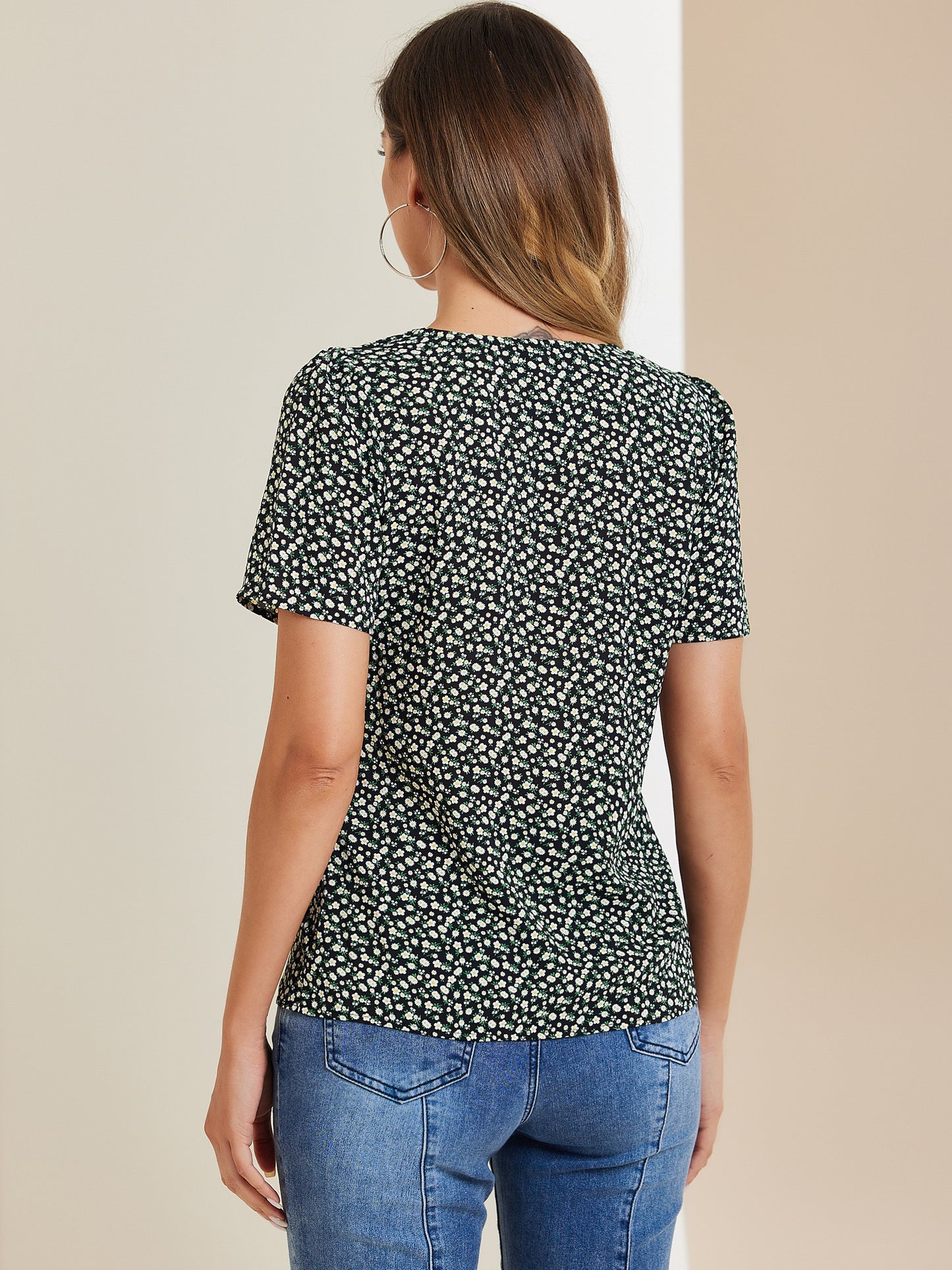 Women's Bow Tie V Neck Short Sleeve Print Blouse