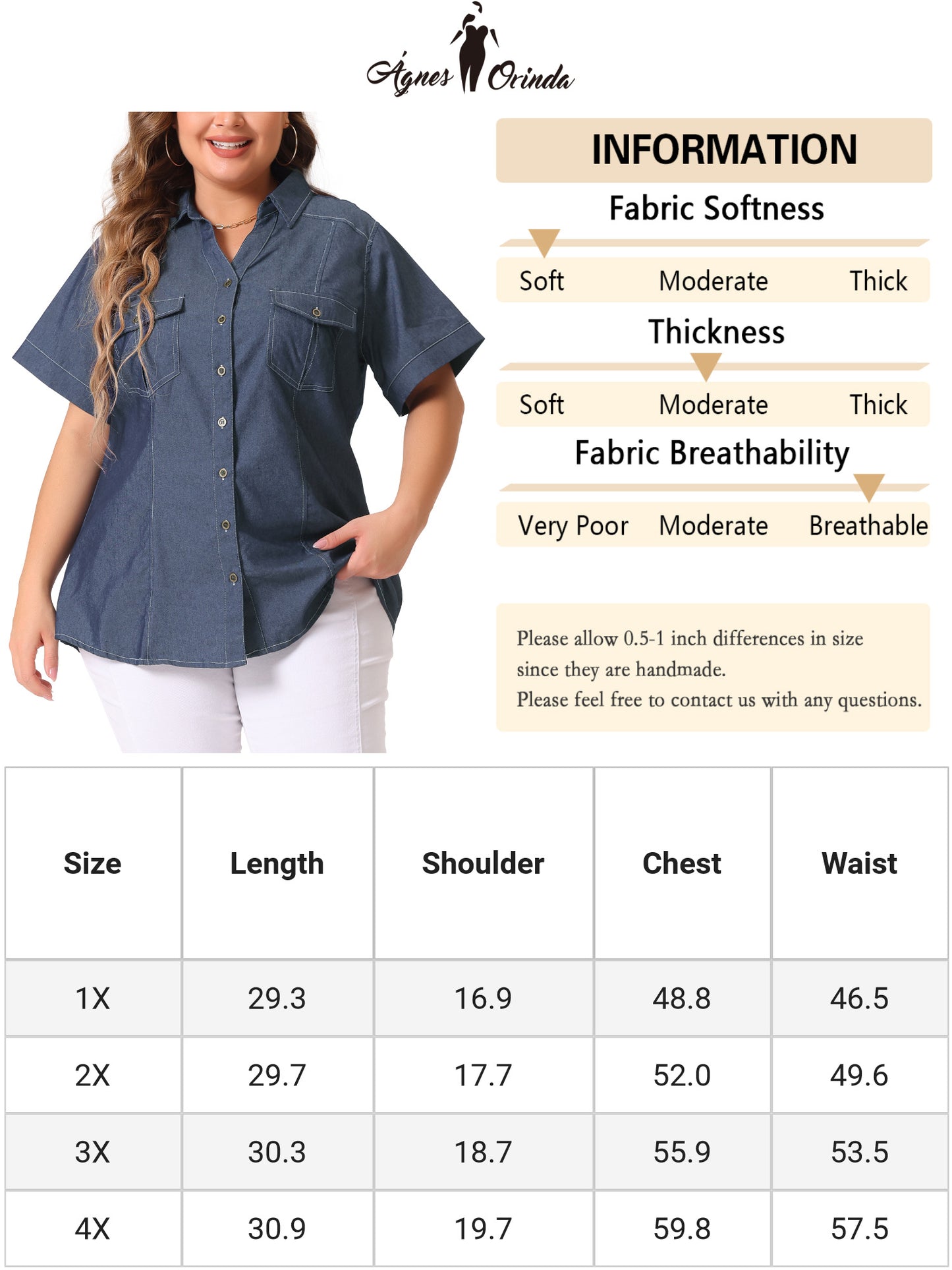 Women Plus Size Chambray Shirt Work Short Sleeve Chambray Button Down Top