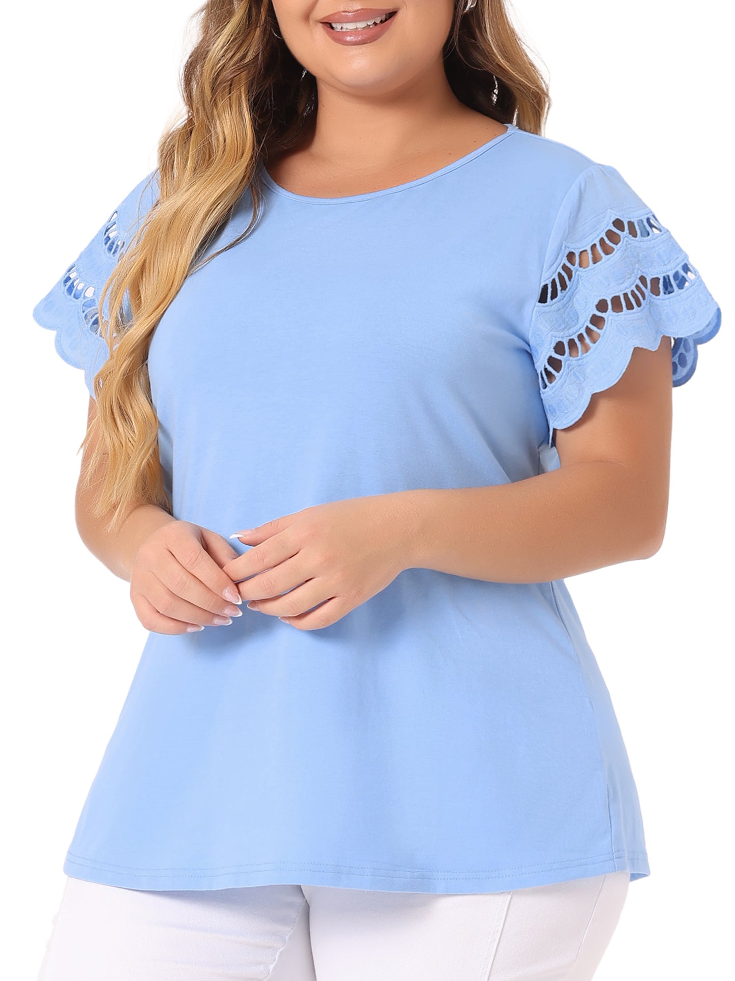Women's Plus Size Top Round Neck Lace Panel Hollow Short Sleeve Elegant Summer Blouse