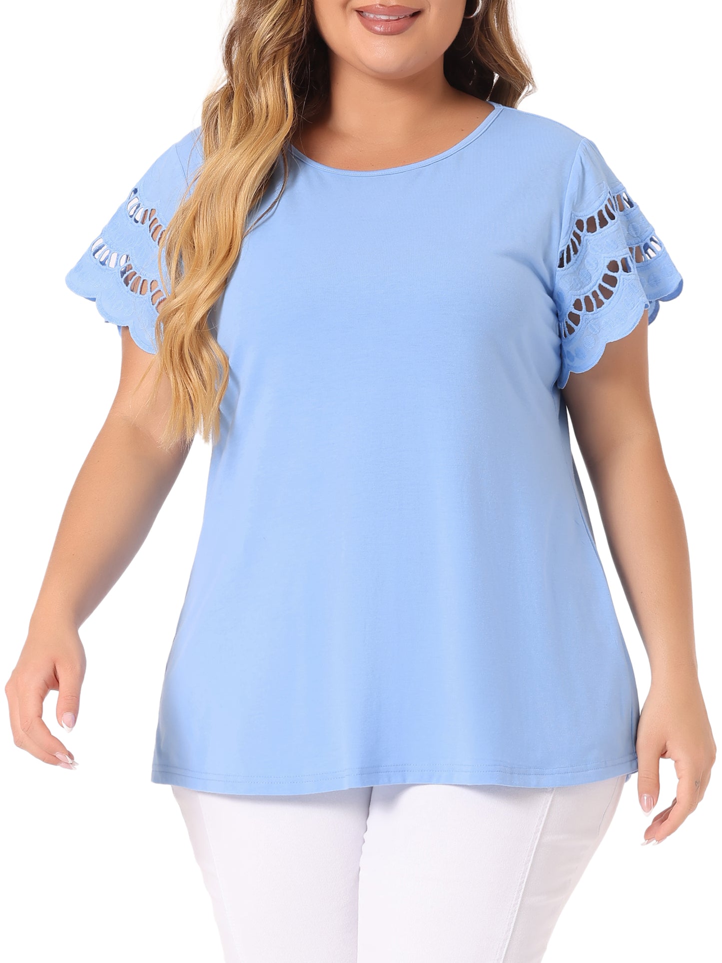 Women's Plus Size Top Round Neck Lace Panel Hollow Short Sleeve Elegant Summer Blouse
