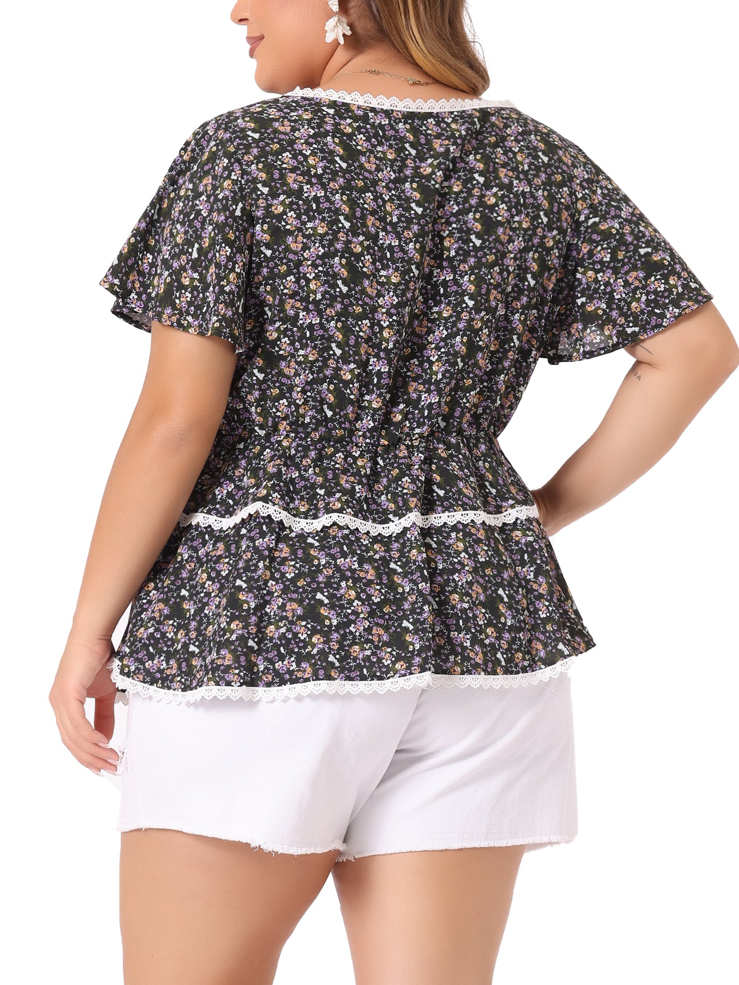 Women Plus Size Tiered Blouse Floral Babydoll Sweetheart Ruffle Short Sleeve Top