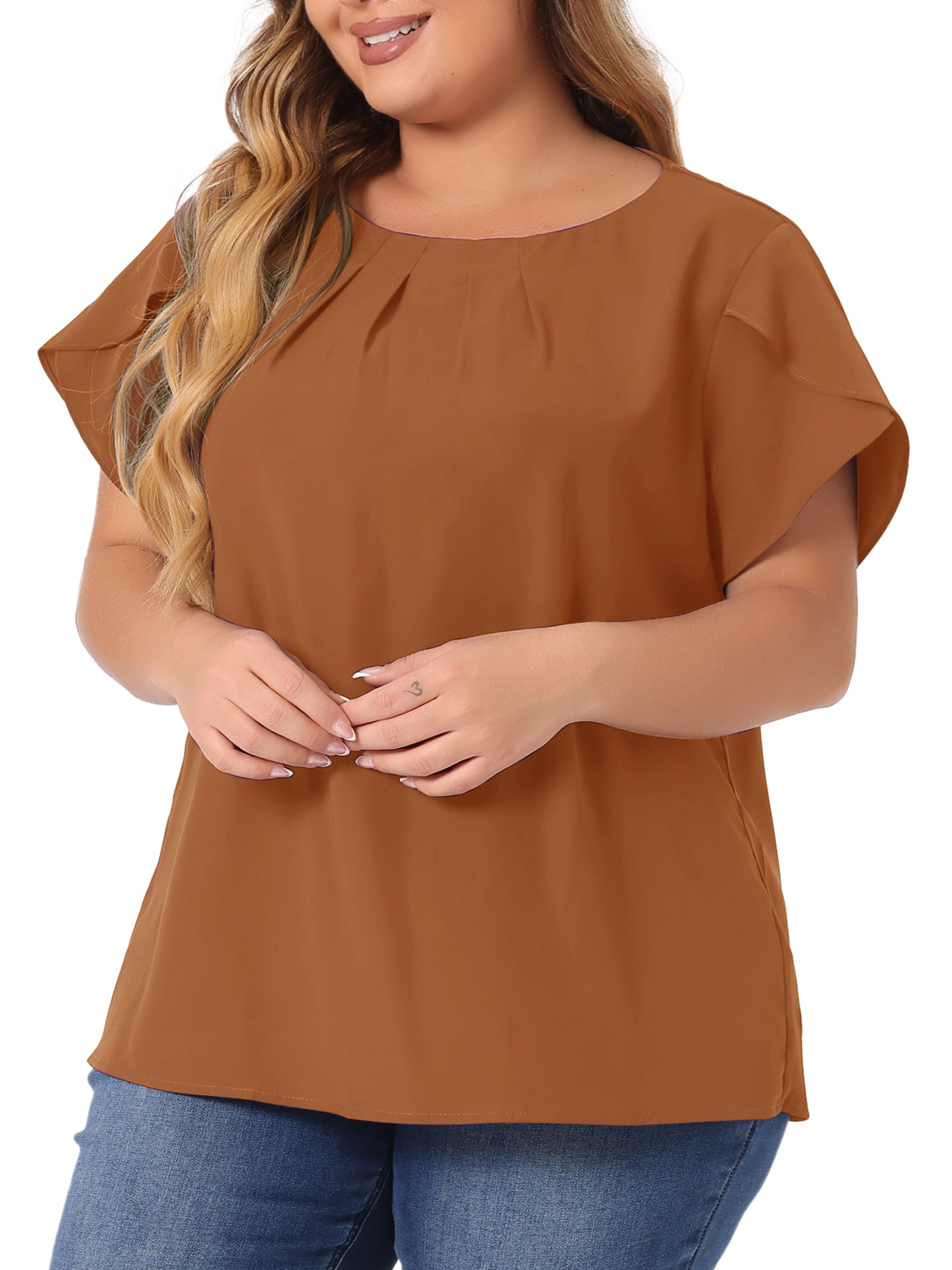 Women Plus Size Work Top Round Neck Pleated Tulip Sleeves Blouse Summer Top