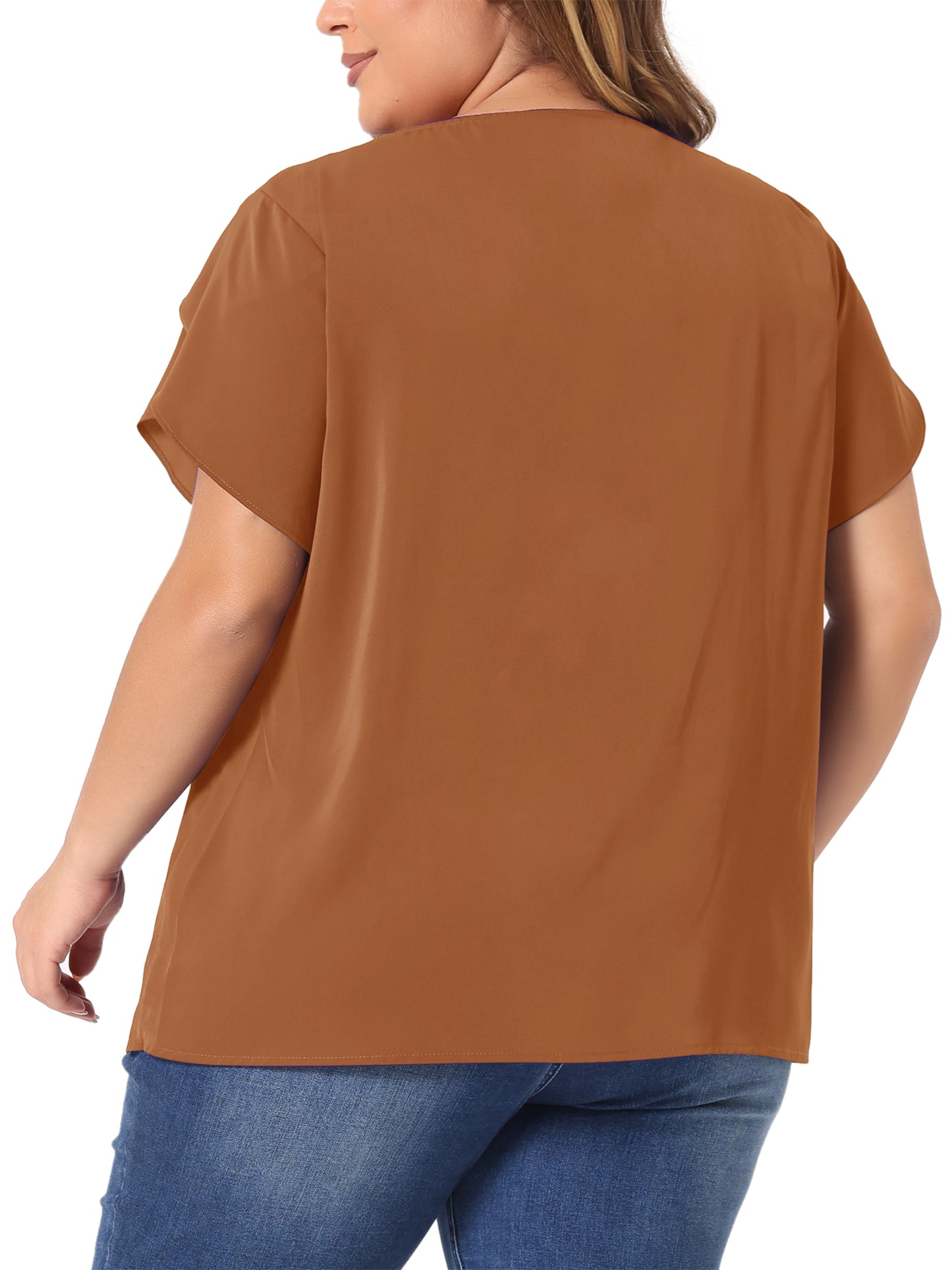 Women Plus Size Work Top Round Neck Pleated Tulip Sleeves Blouse Summer Top