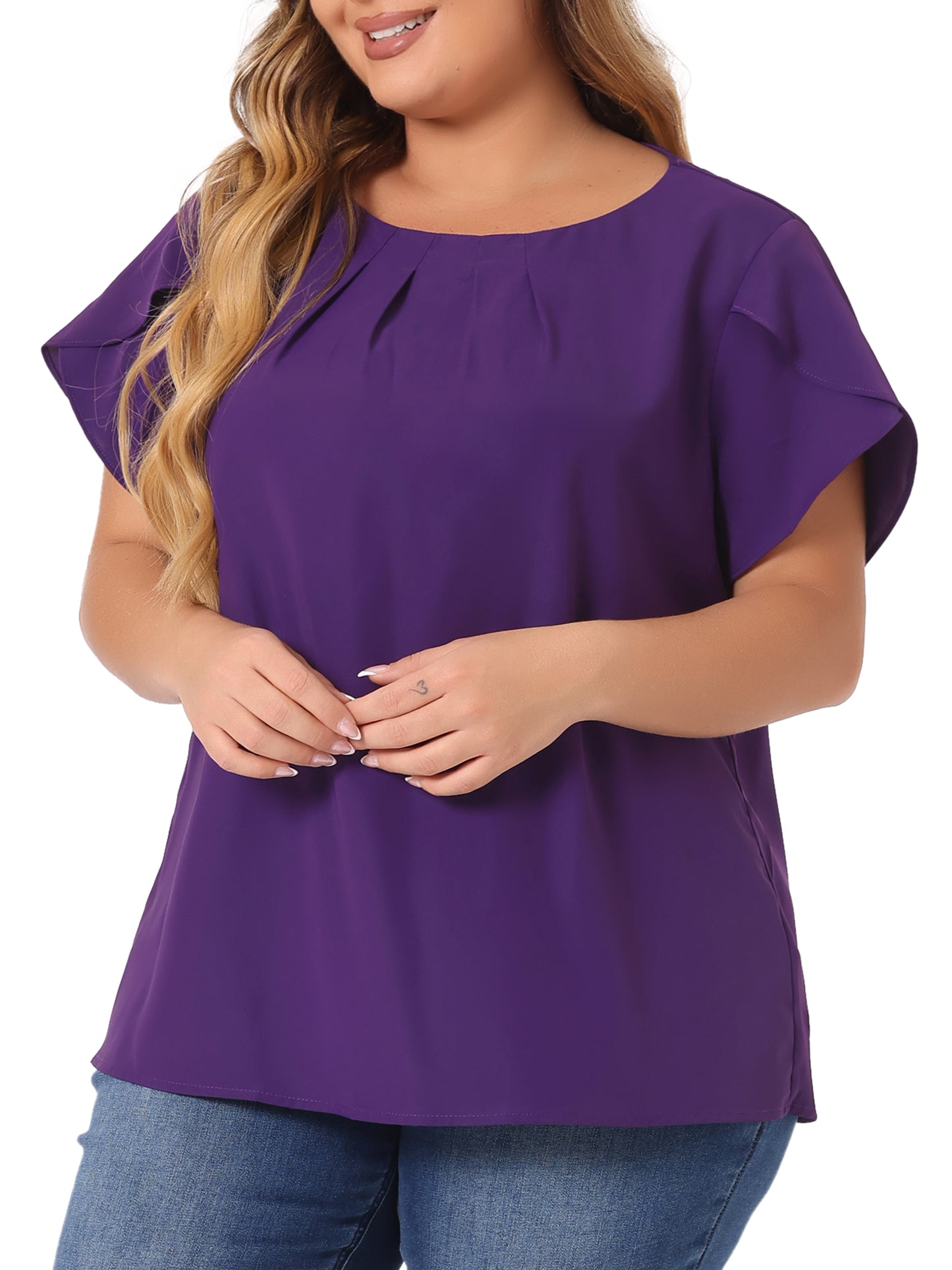 Women Plus Size Work Top Round Neck Pleated Tulip Sleeves Blouse Summer Top