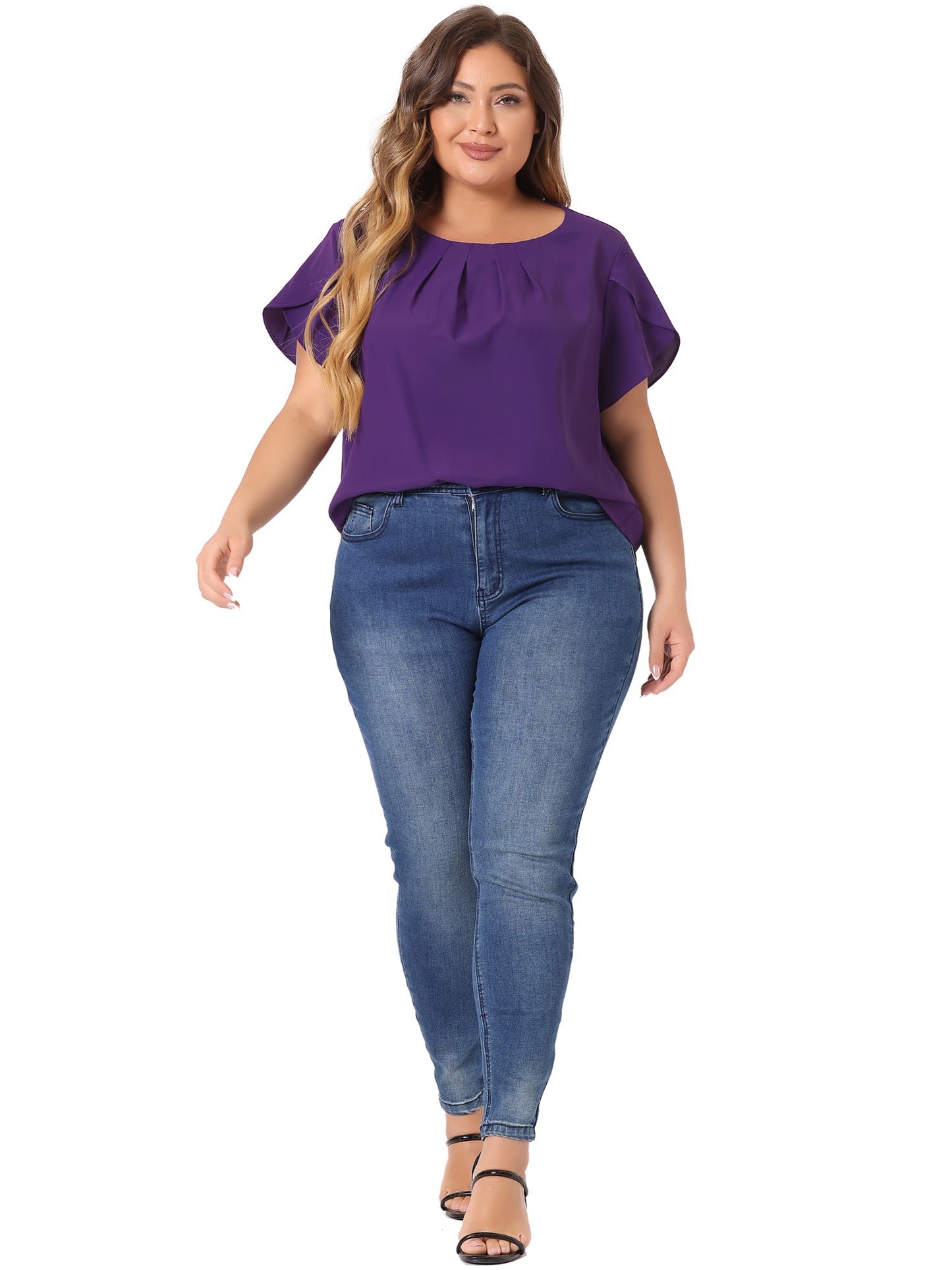 Women Plus Size Work Top Round Neck Pleated Tulip Sleeves Blouse Summer Top