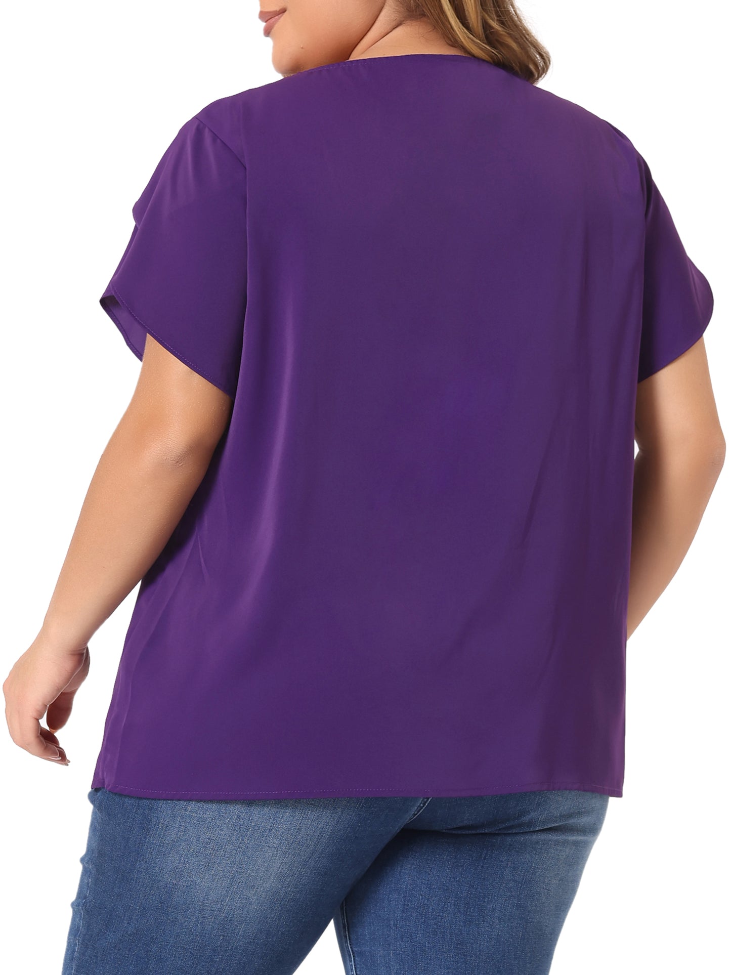 Women Plus Size Work Top Round Neck Pleated Tulip Sleeves Blouse Summer Top