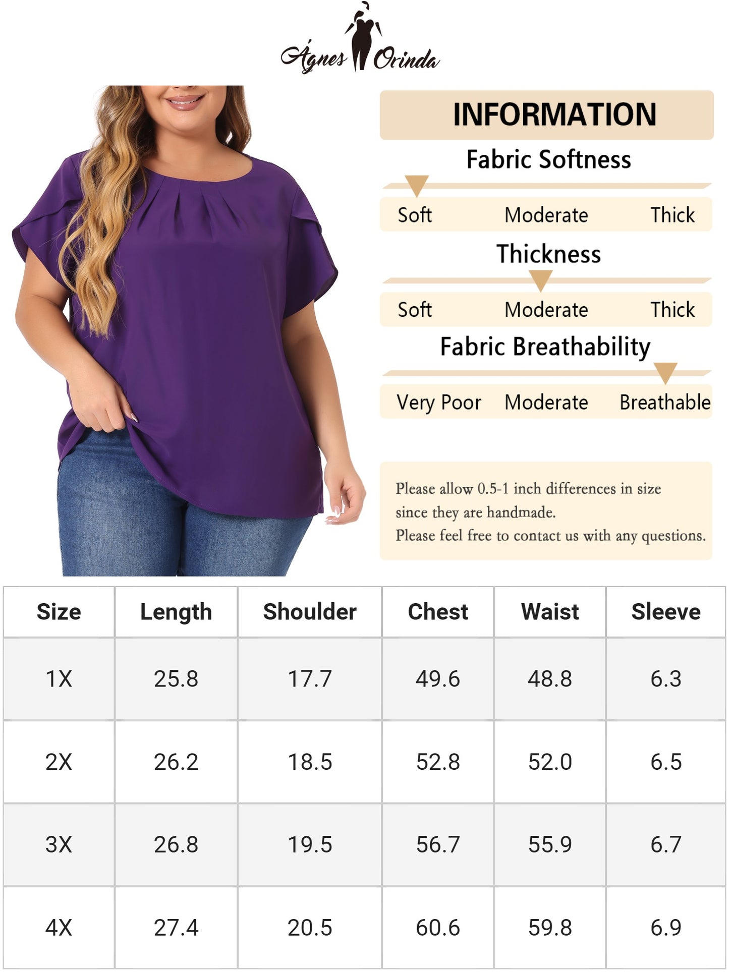 Women Plus Size Work Top Round Neck Pleated Tulip Sleeves Blouse Summer Top