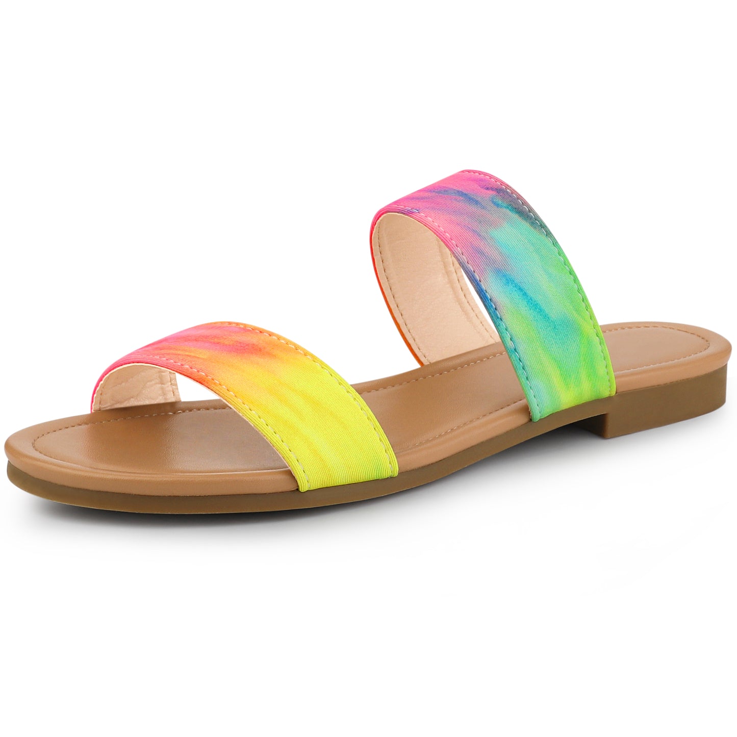 Sandalias planas fluorescentes con tiras dobles y efecto tie-dye para mujer