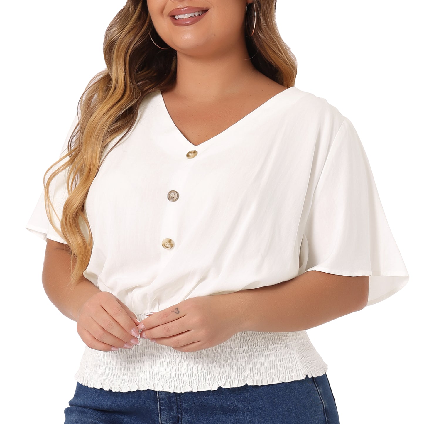 Women's Plus Size V Neck Button Up Short Sleeve Shirred Crop Top Blouse