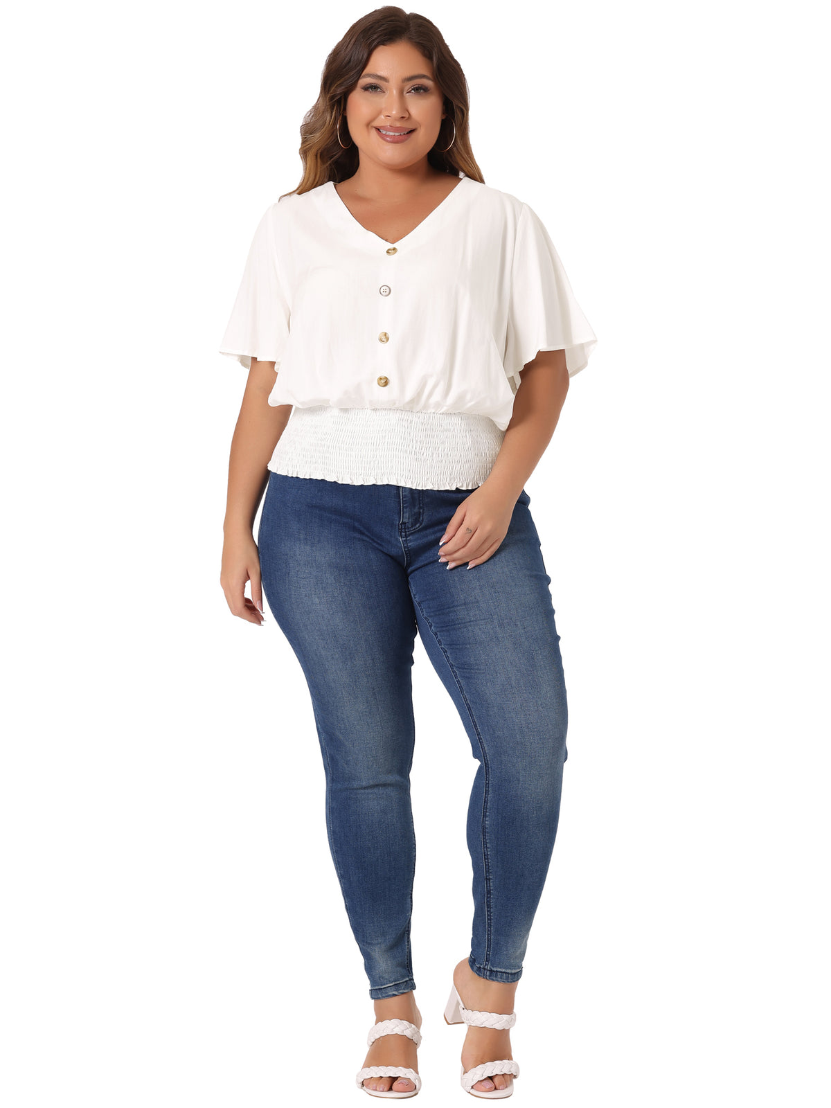 Women's Plus Size V Neck Button Up Short Sleeve Shirred Crop Top Blouse