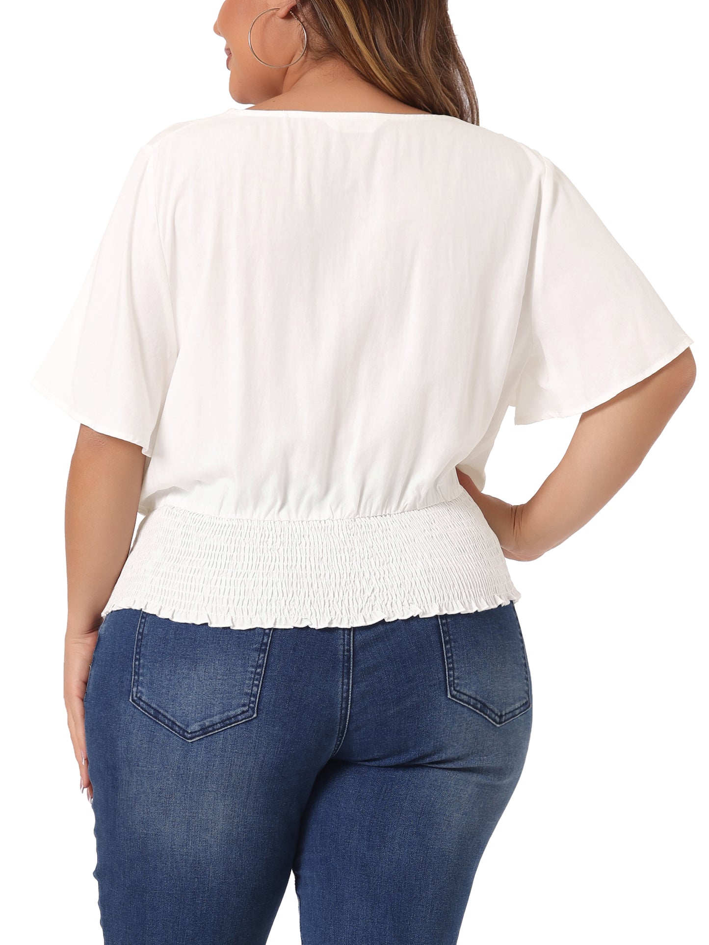 Women's Plus Size V Neck Button Up Short Sleeve Shirred Crop Top Blouse