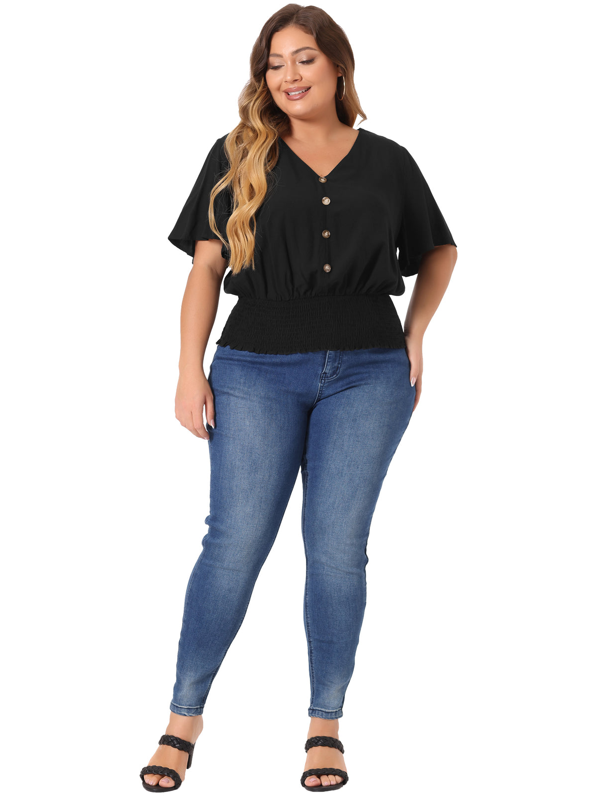 Women's Plus Size V Neck Button Up Short Sleeve Shirred Crop Top Blouse