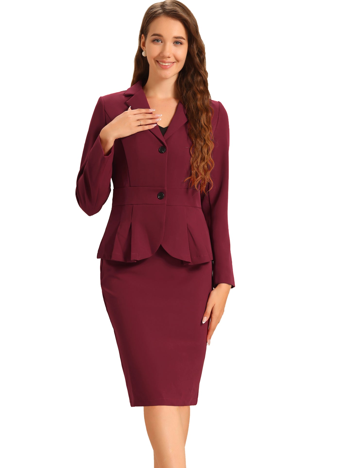Women's 2 Piece Skirt Suit Set Formal Notched Lapel Peplum Blazer Pencil Skirt (Available in Plus Size)
