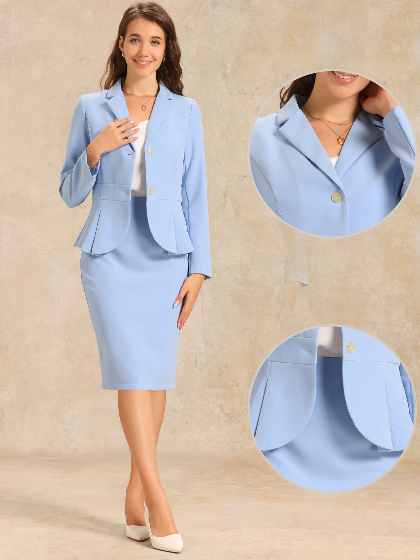Women's 2 Piece Skirt Suit Set Formal Notched Lapel Peplum Blazer Pencil Skirt