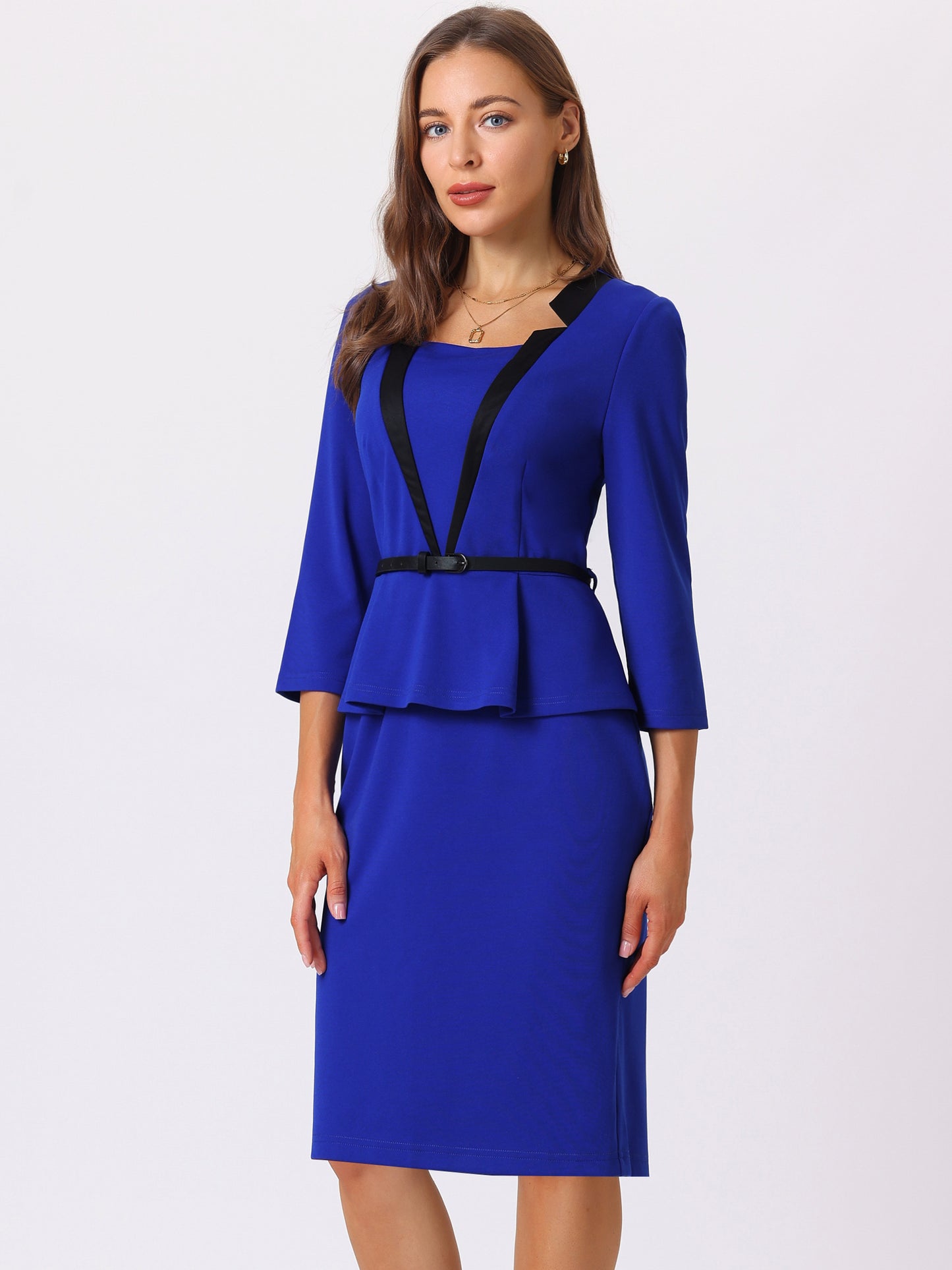 Women's Office Dress 3/4 Sleeve Notch Collar Work Sheath Dresses
