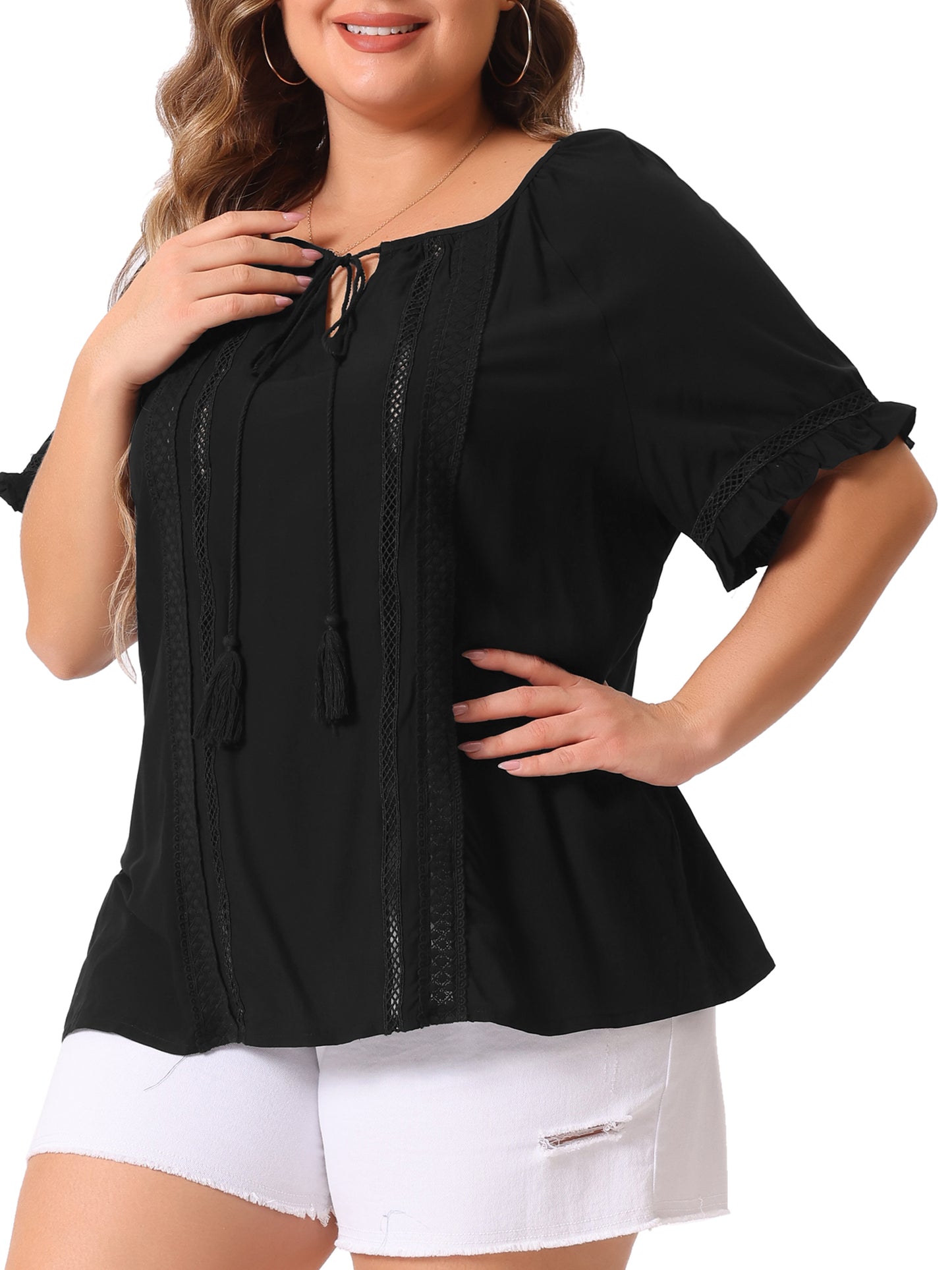 Women Plus Size Blouse Tie Neck Ruffle Short Sleeve Summer Lace Crochet Top