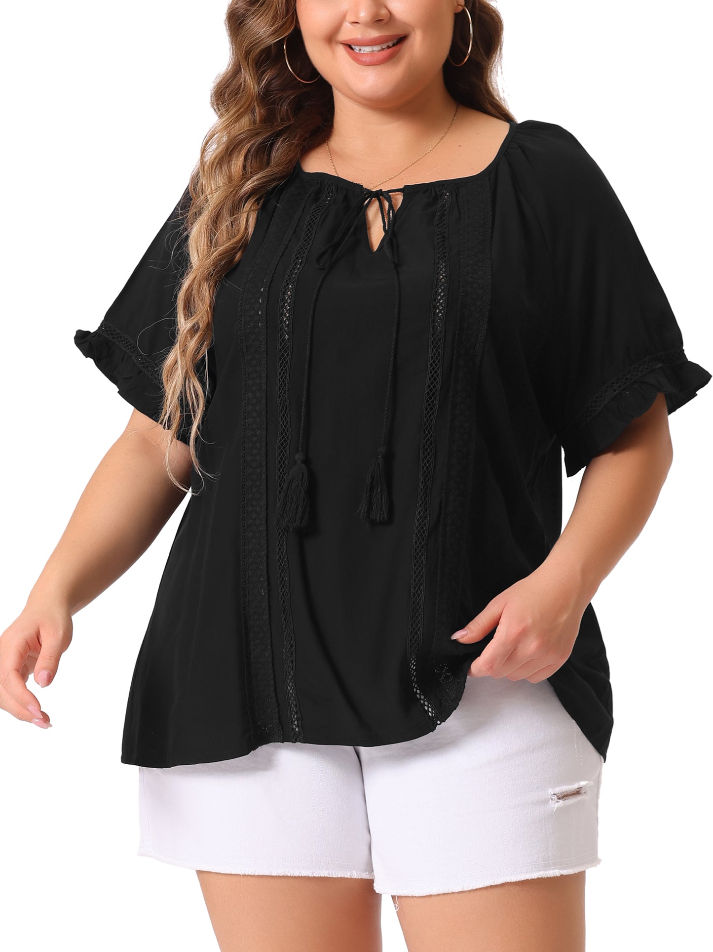 Women Plus Size Blouse Tie Neck Ruffle Short Sleeve Summer Lace Crochet Top