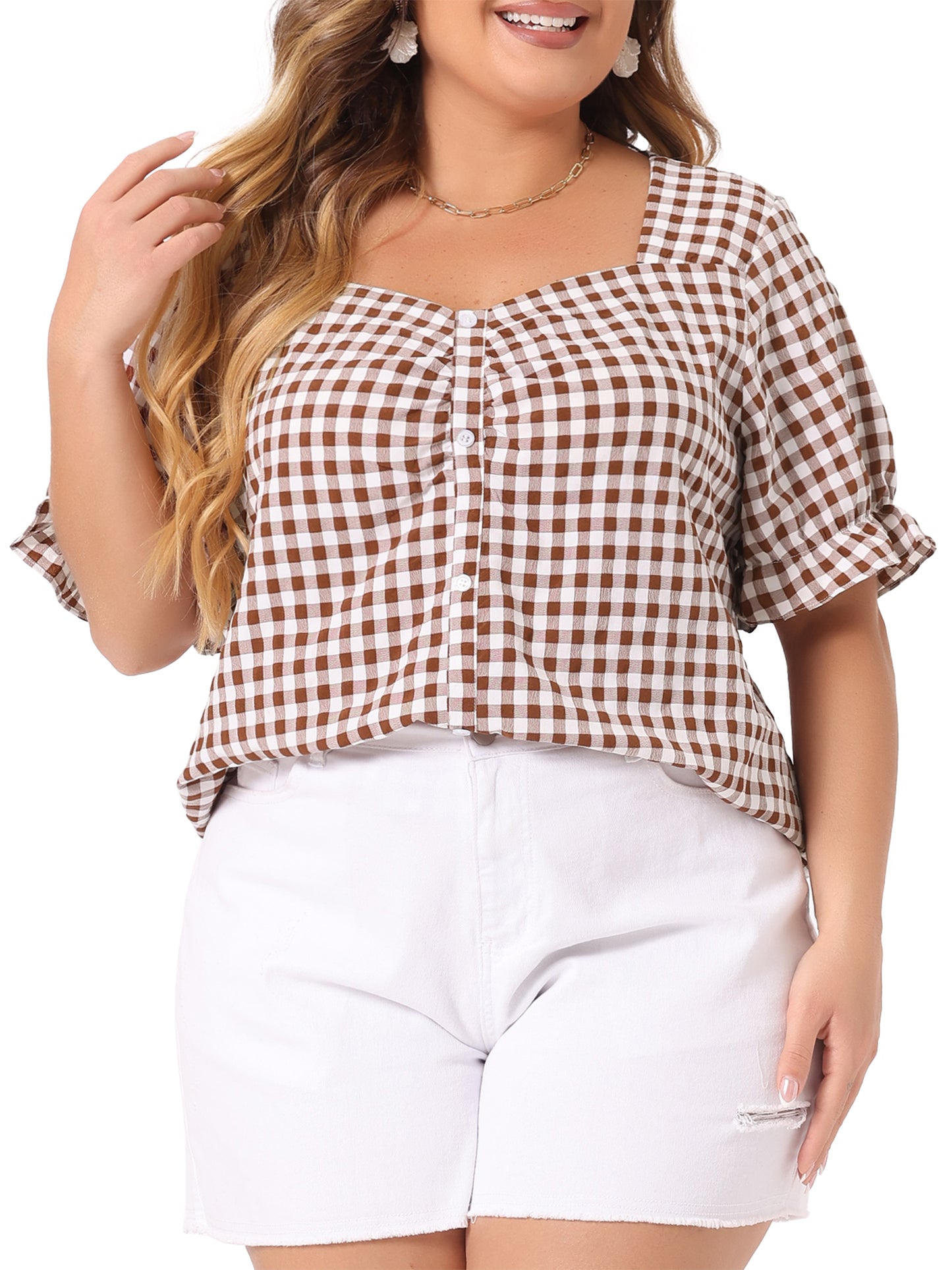 Women's Plus Size Gingham Tops Vintage Sweetheart V Neck Puff Short Sleeve Summer Blouse Top