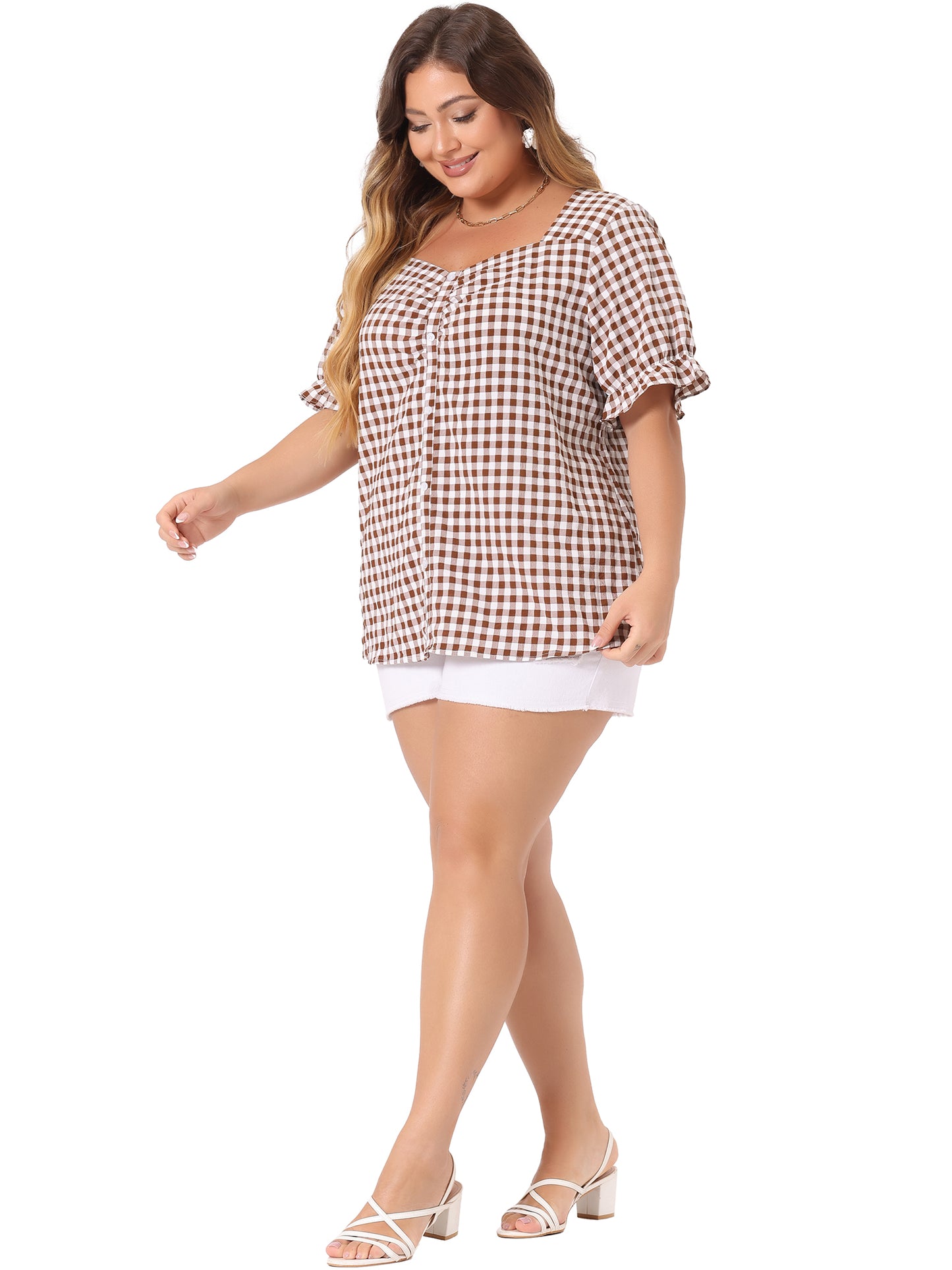 Women's Plus Size Gingham Tops Vintage Sweetheart V Neck Puff Short Sleeve Summer Blouse Top
