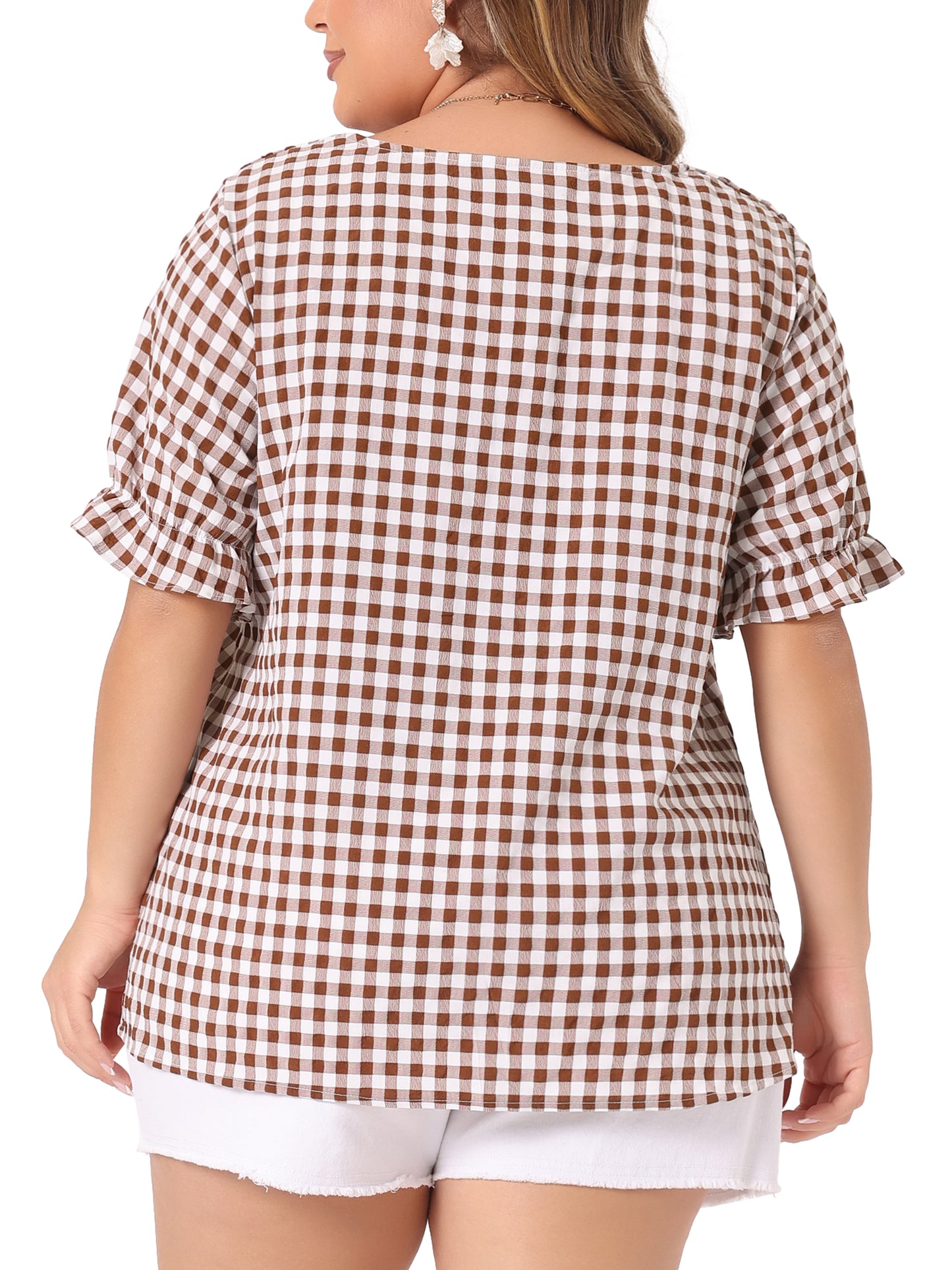 Women's Plus Size Gingham Tops Vintage Sweetheart V Neck Puff Short Sleeve Summer Blouse Top