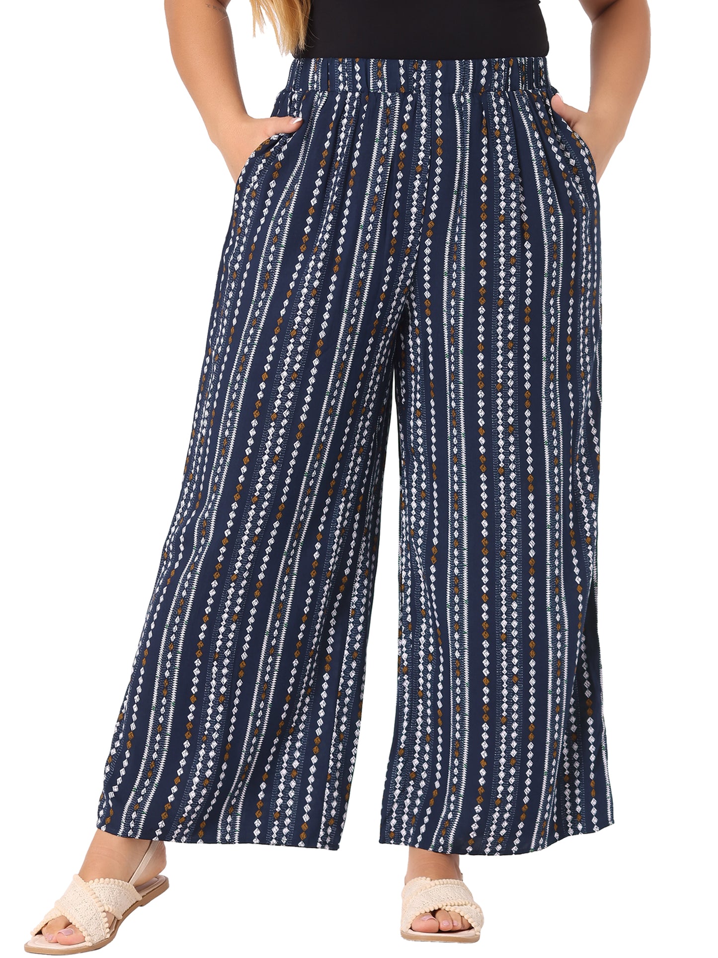 Women Plus Size Palazzo Pants Stripe Boho Wide Leg Paper Bag Pants Beach Casual Summer