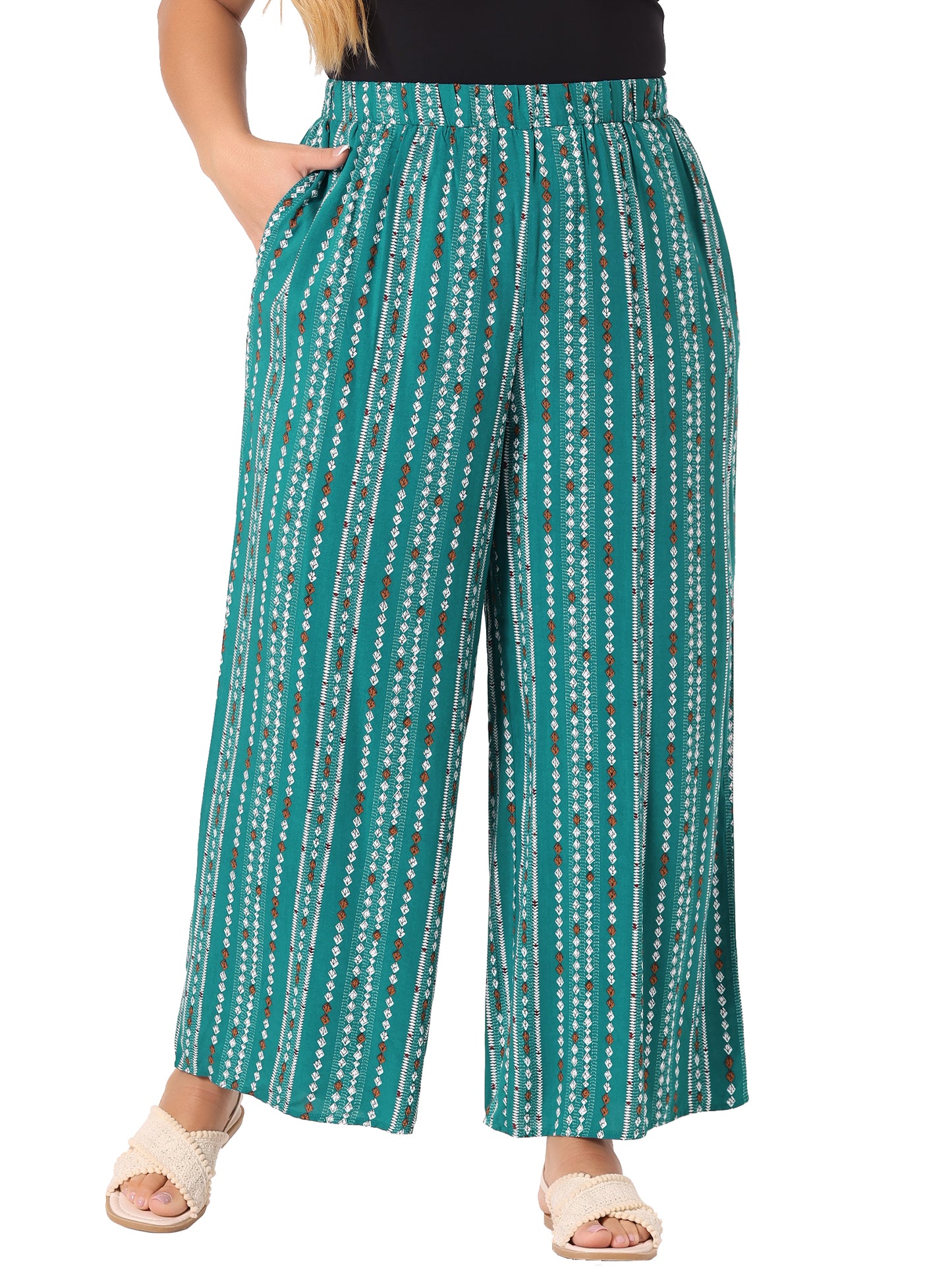 Women Plus Size Palazzo Pants Stripe Boho Wide Leg Paper Bag Pants Beach Casual Summer