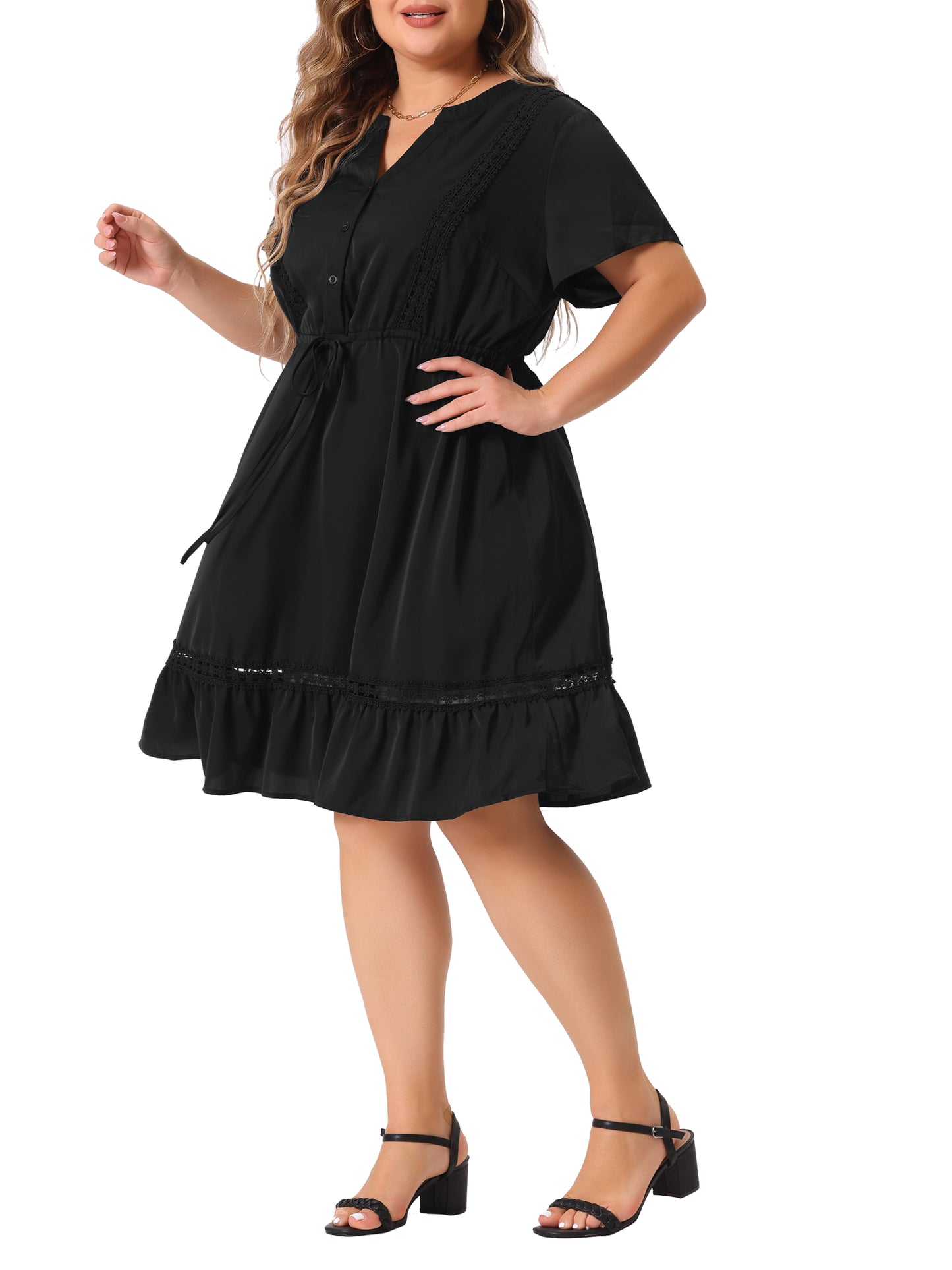 Women Plus Size Button V Neck Summer Midi Ruffle A Line Swing Dress