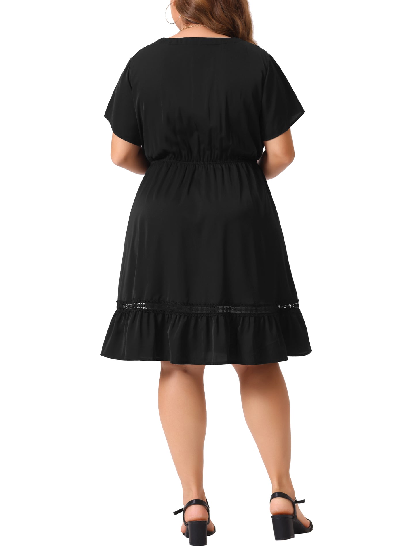 Women Plus Size Button V Neck Summer Midi Ruffle A Line Swing Dress