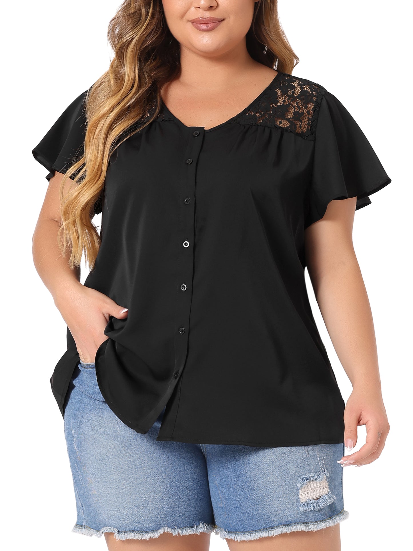 Women Plus Size Chiffon Summer Lace V Neck Flare Sleeve Blouse Shirt Top