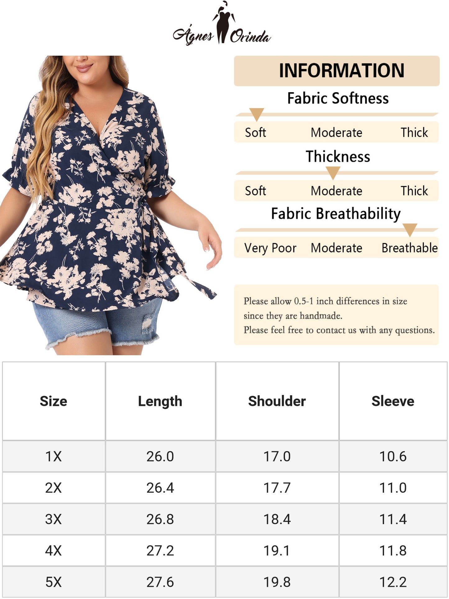 Blusa de mujer de talla grande con volantes florales y mangas cruzadas con peplum