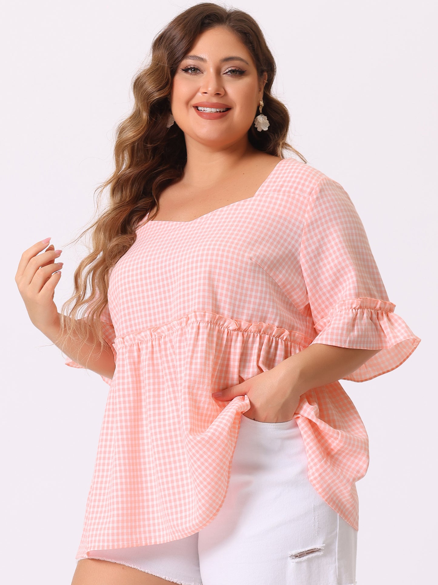 Women Plus Size Gingham Top Sweetheart Plaid Summer Neck Ruffle Sleeve Babydolls Blouse