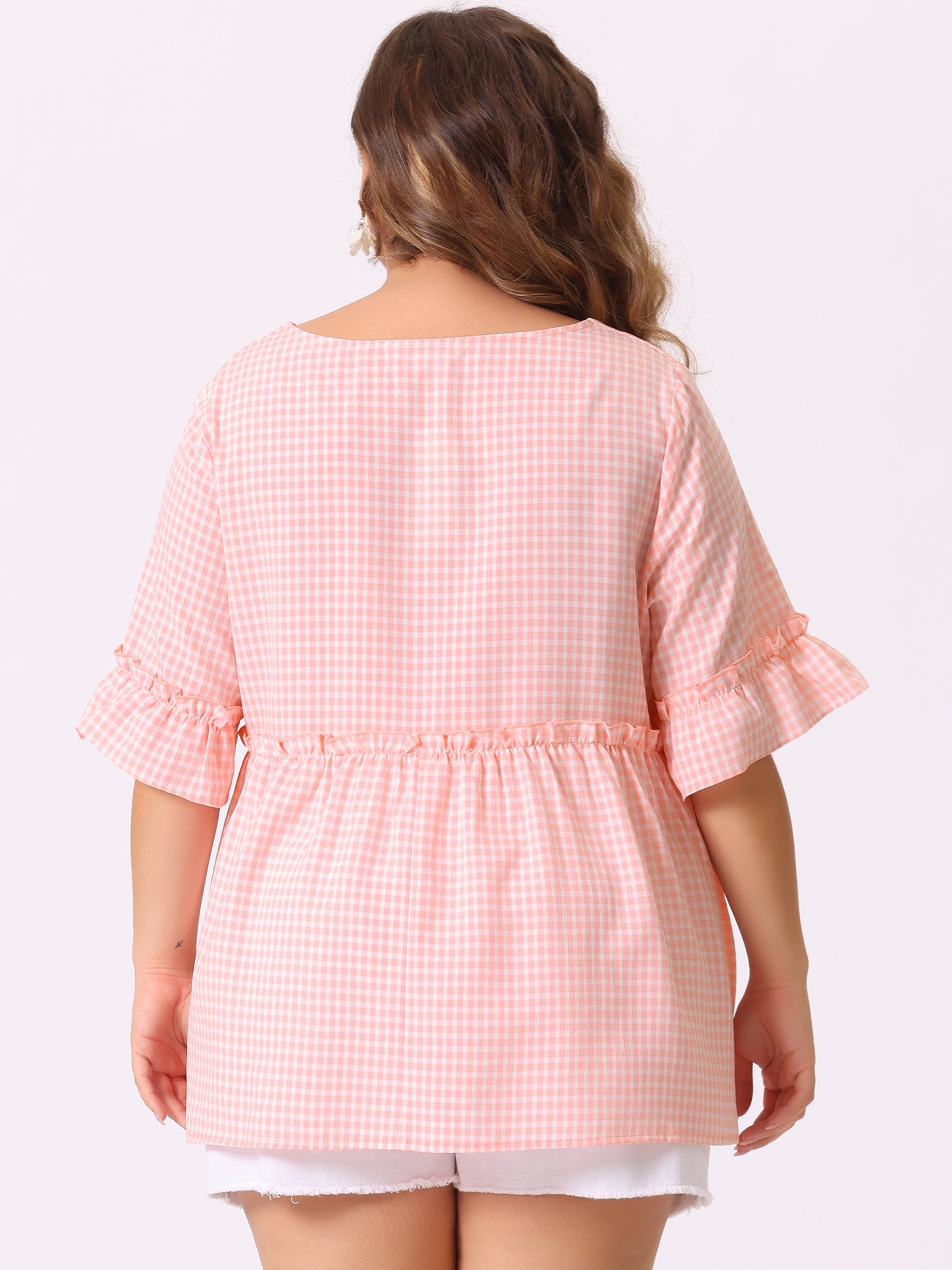 Women Plus Size Gingham Top Sweetheart Plaid Summer Neck Ruffle Sleeve Babydolls Blouse