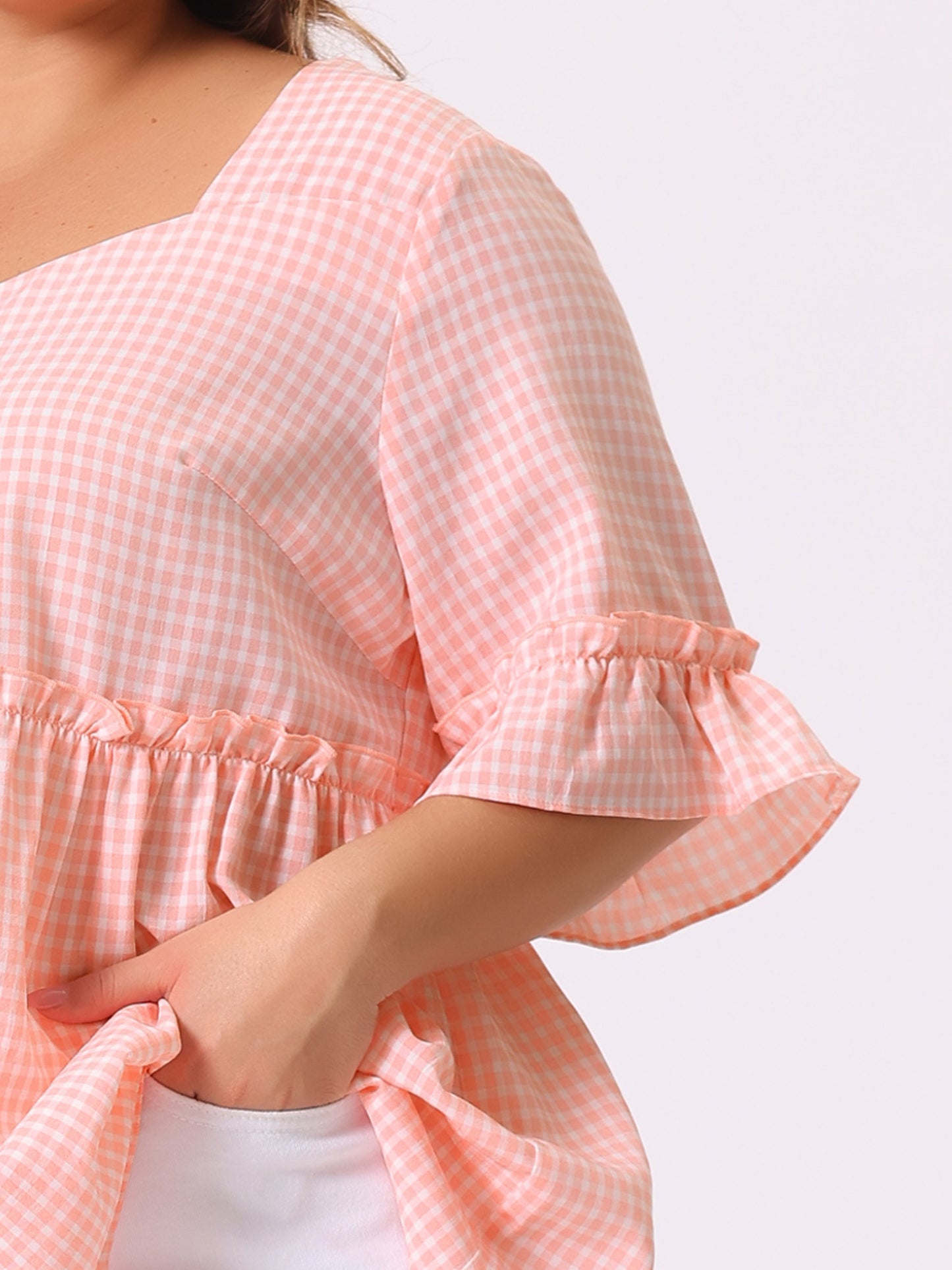 Women Plus Size Gingham Top Sweetheart Plaid Summer Neck Ruffle Sleeve Babydolls Blouse