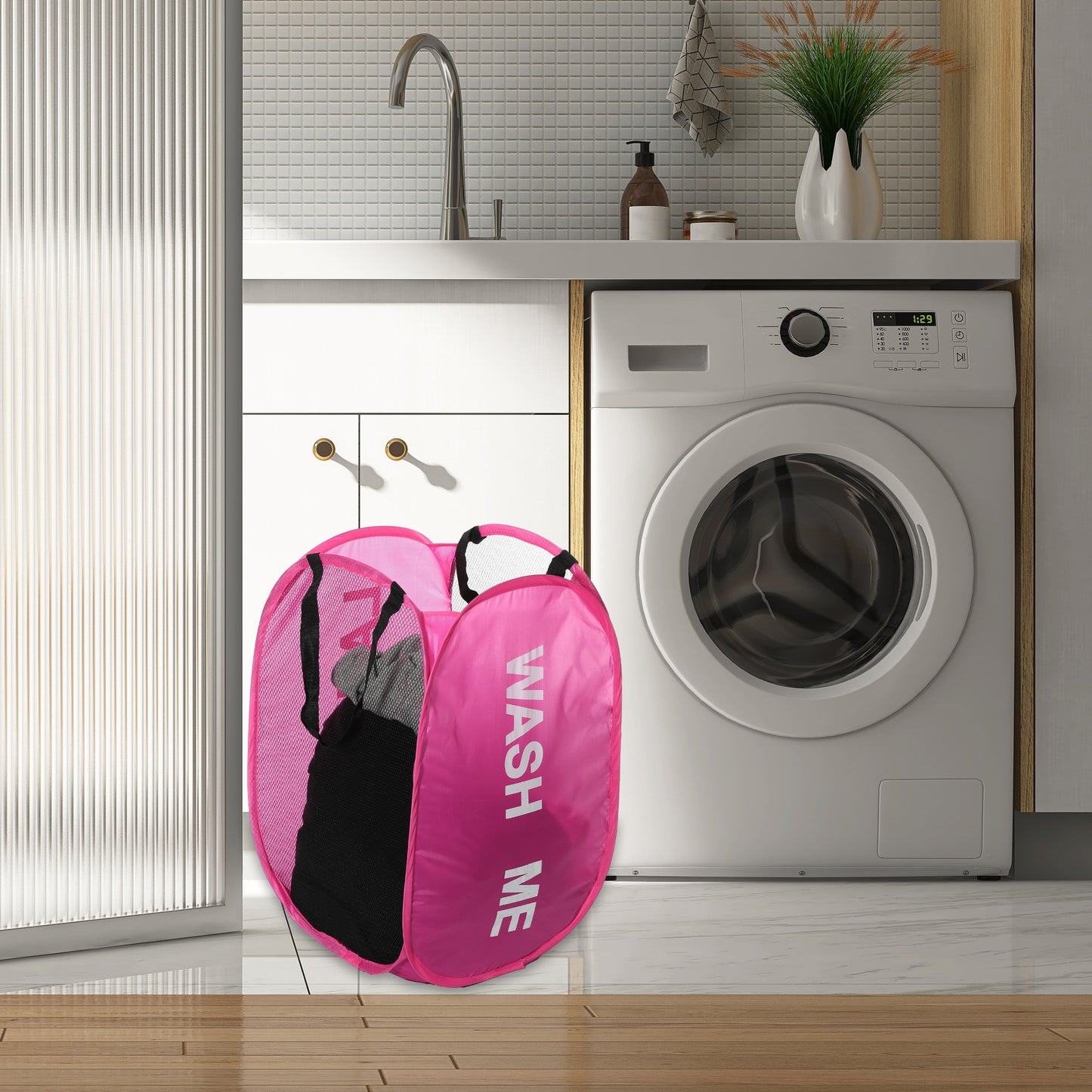 Folding Laundry Basket Durable Folding Laundry Hamper for Bathroom 75L Pink