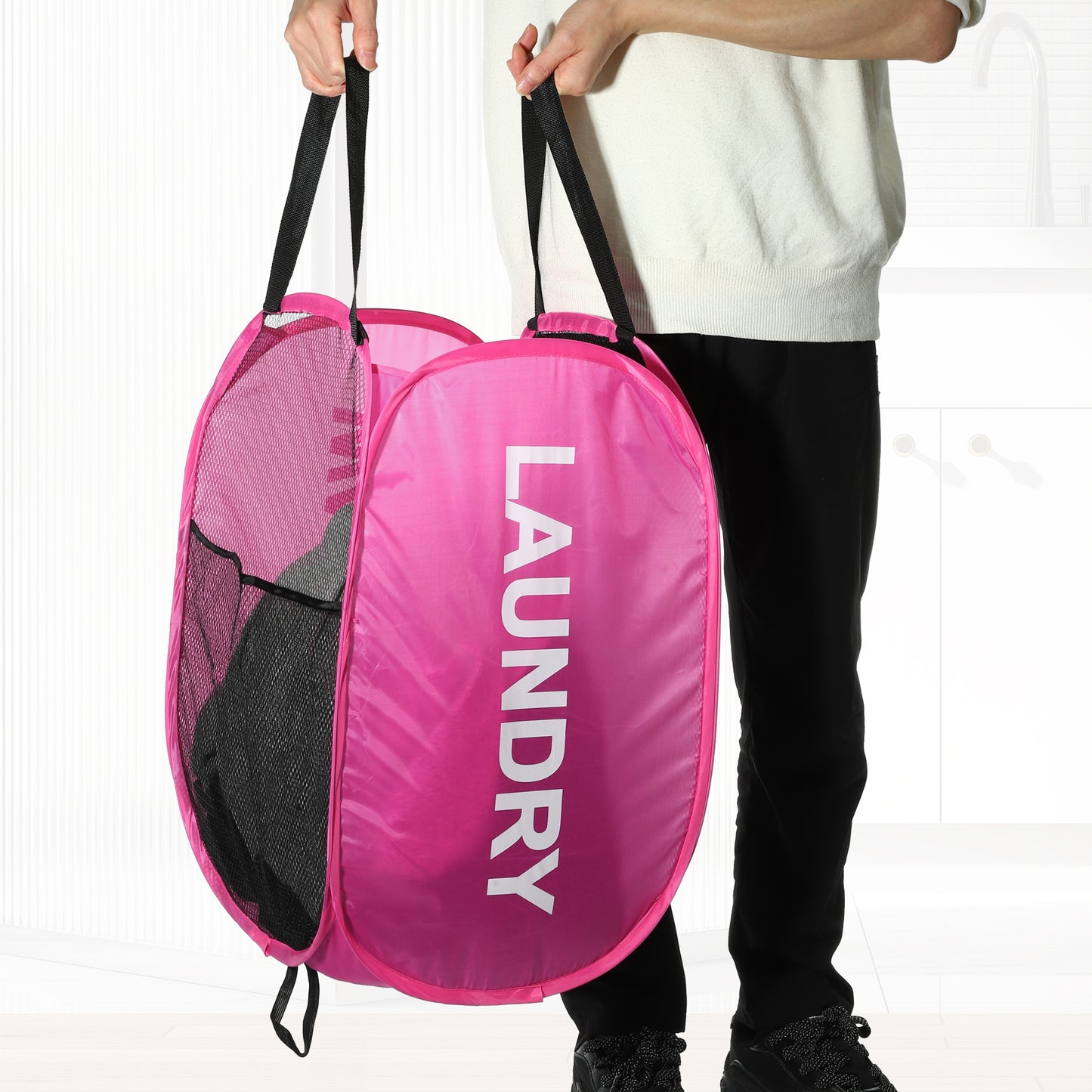 Folding Laundry Basket Durable Folding Laundry Hamper for Bathroom 75L Pink