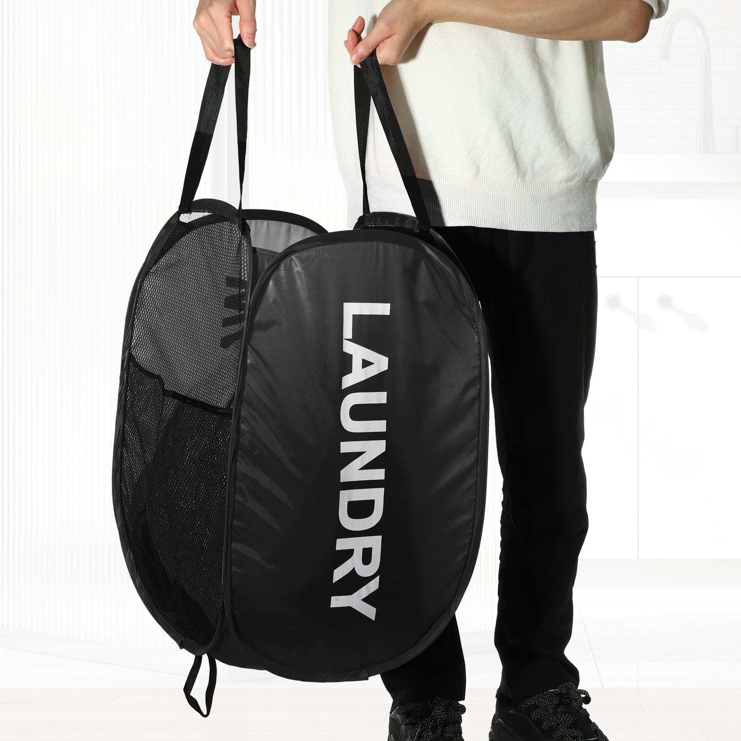 Folding Laundry Basket Durable Folding Laundry Hamper for Bathroom 75L Black